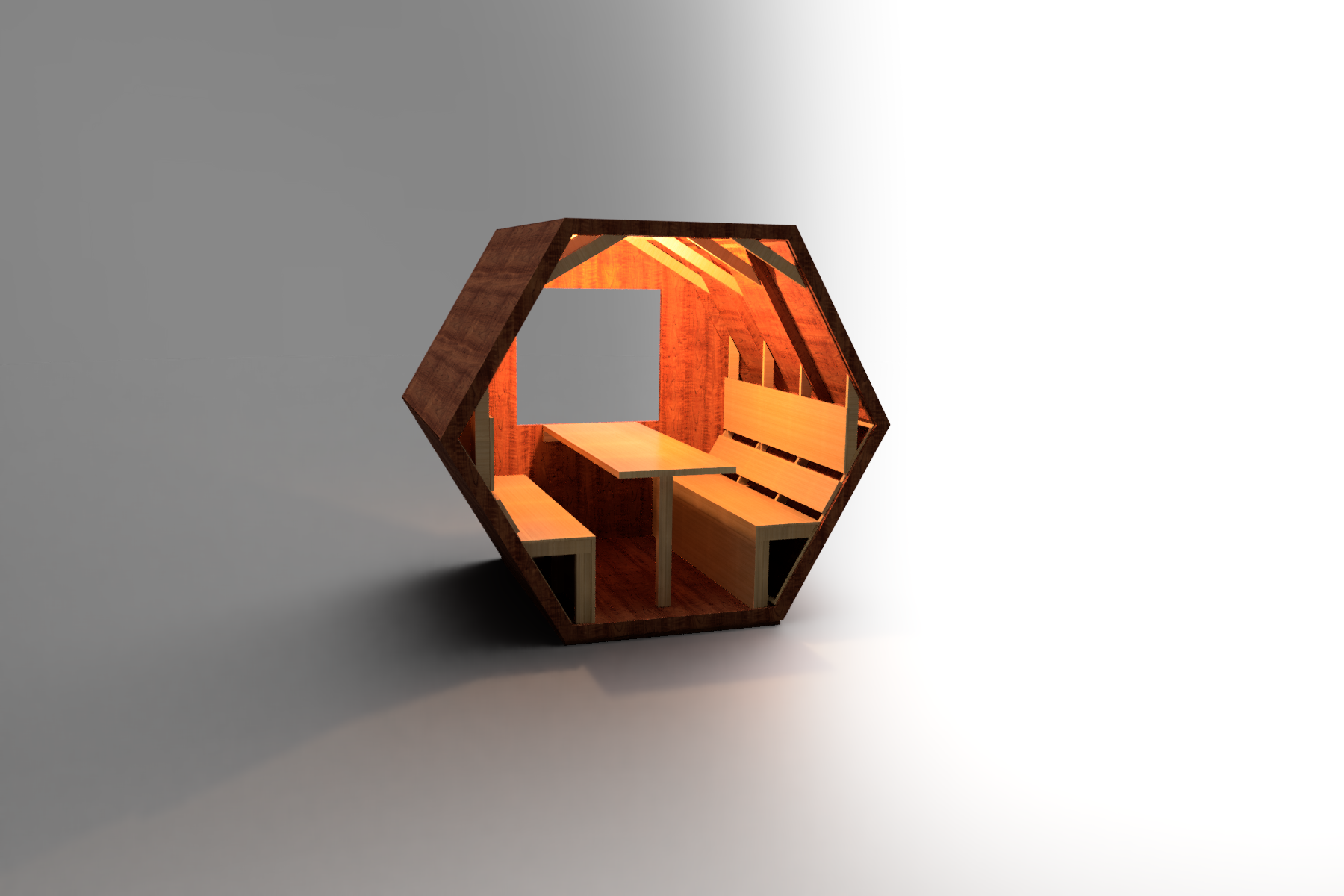 Render of fabricated cabin for Xmas Popup