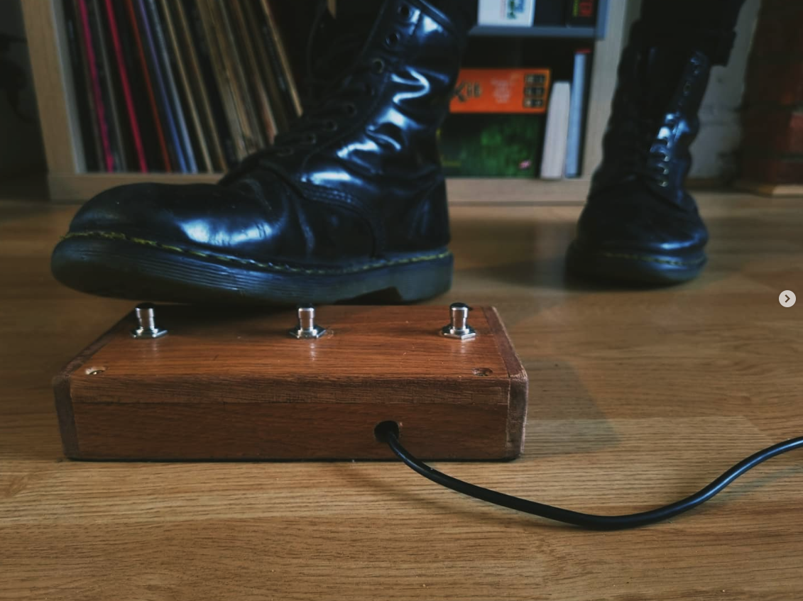 Custom hardwood MiDi foot pedal for audio effects.