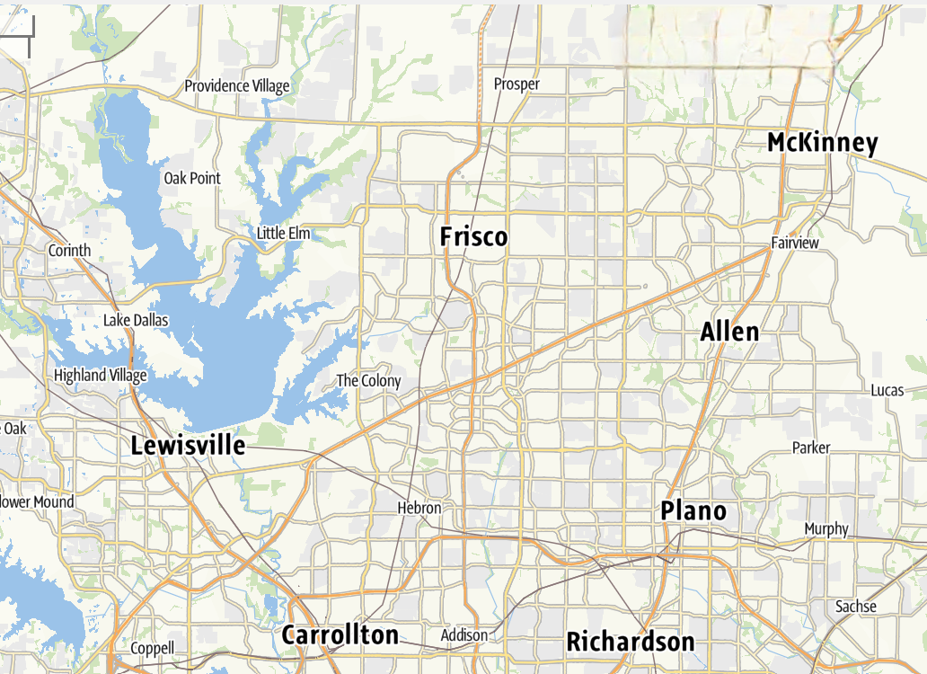 Map showing cities in North Texas, including Dallas, Fort Worth, Plano, Richardson, Carrollton, Lewisville, Frisco, McKinney, Allen, and surrounding areas.