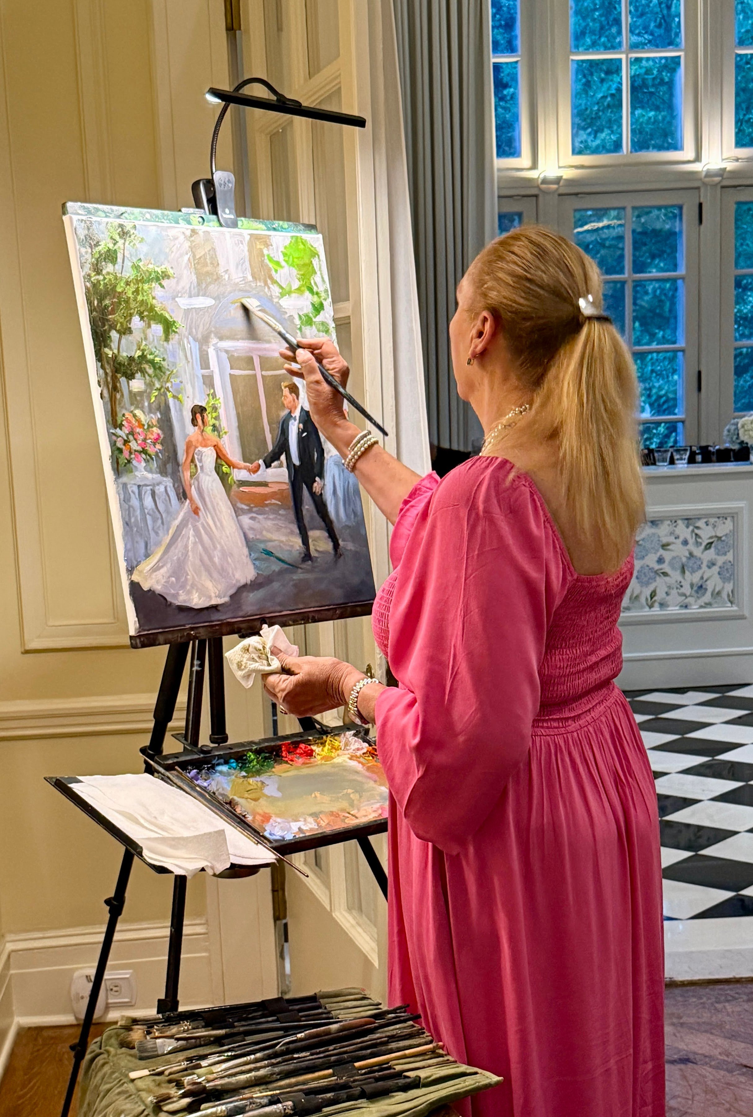 Live wedding painting by Gina Strumpf at Duke Mansion, Charlotte– museum-quality oil on archival linen