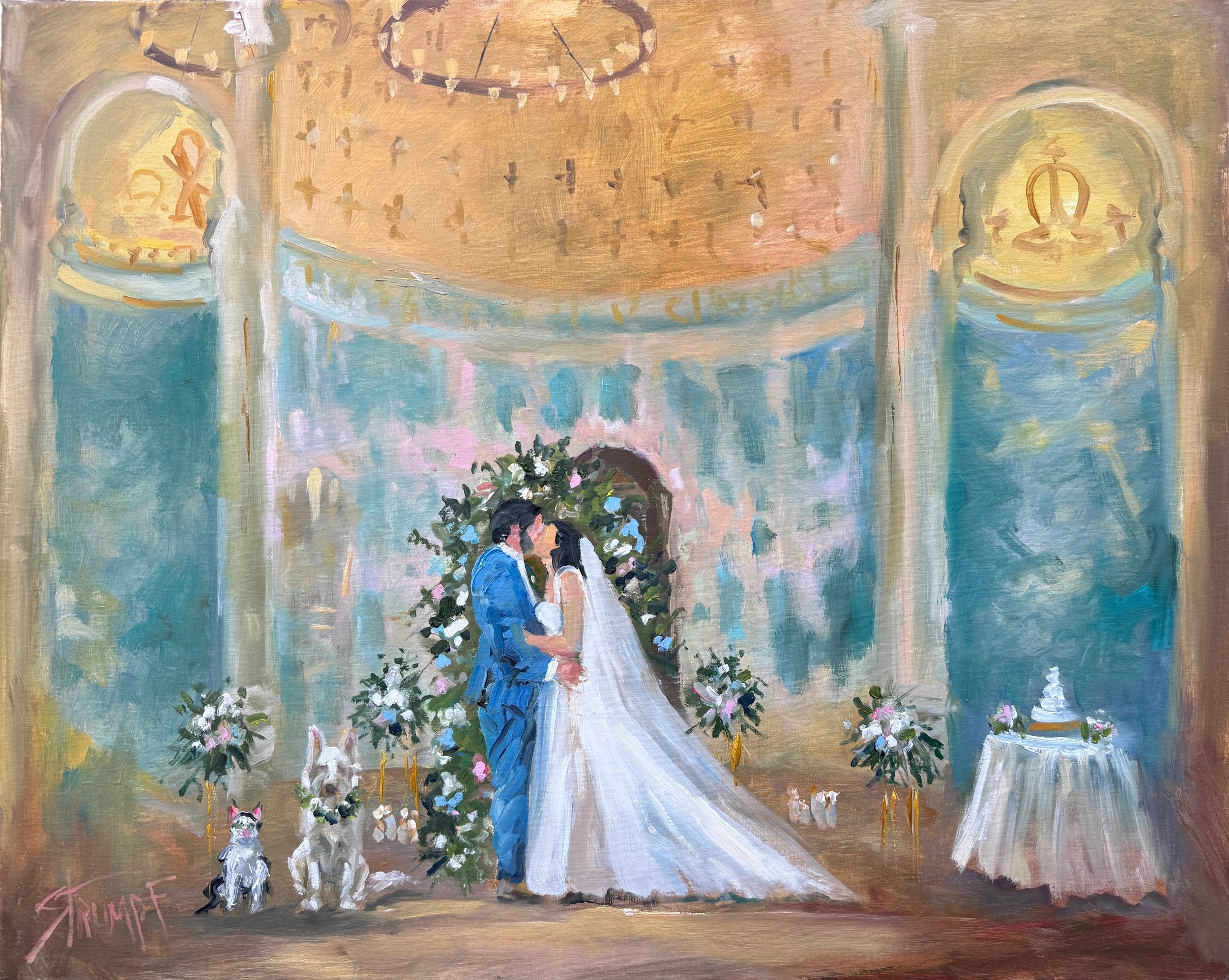 Live Wedding Painter Gina Strumpf creating a memory at the Monastery in Cincinnati Ohio