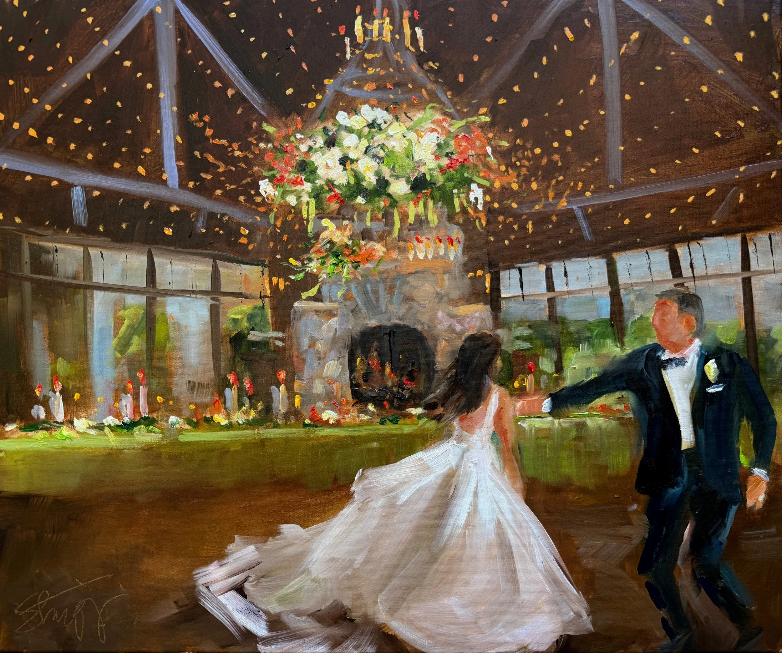Live wedding painting by Gina Strumpf at Old Edwards Inn – museum-quality oil on archival linen