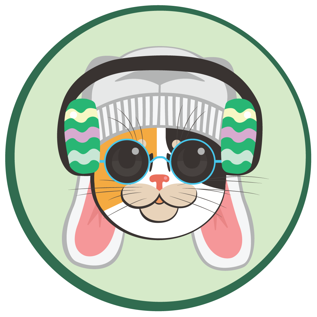 An Easter themed edit where Callie the Cat sports a rabbit-ear beanie and egg-themed headphones.