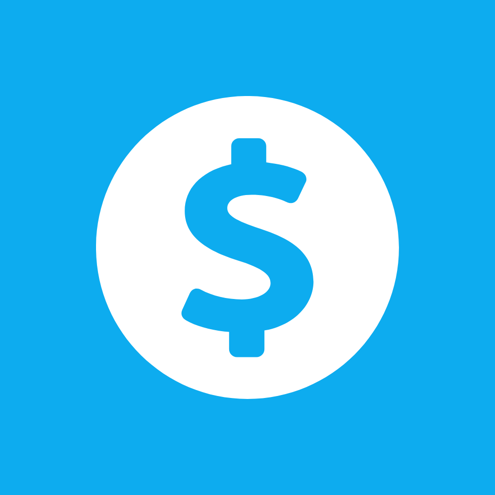 A blue background with a white circle featuring a blue dollar sign in the center.