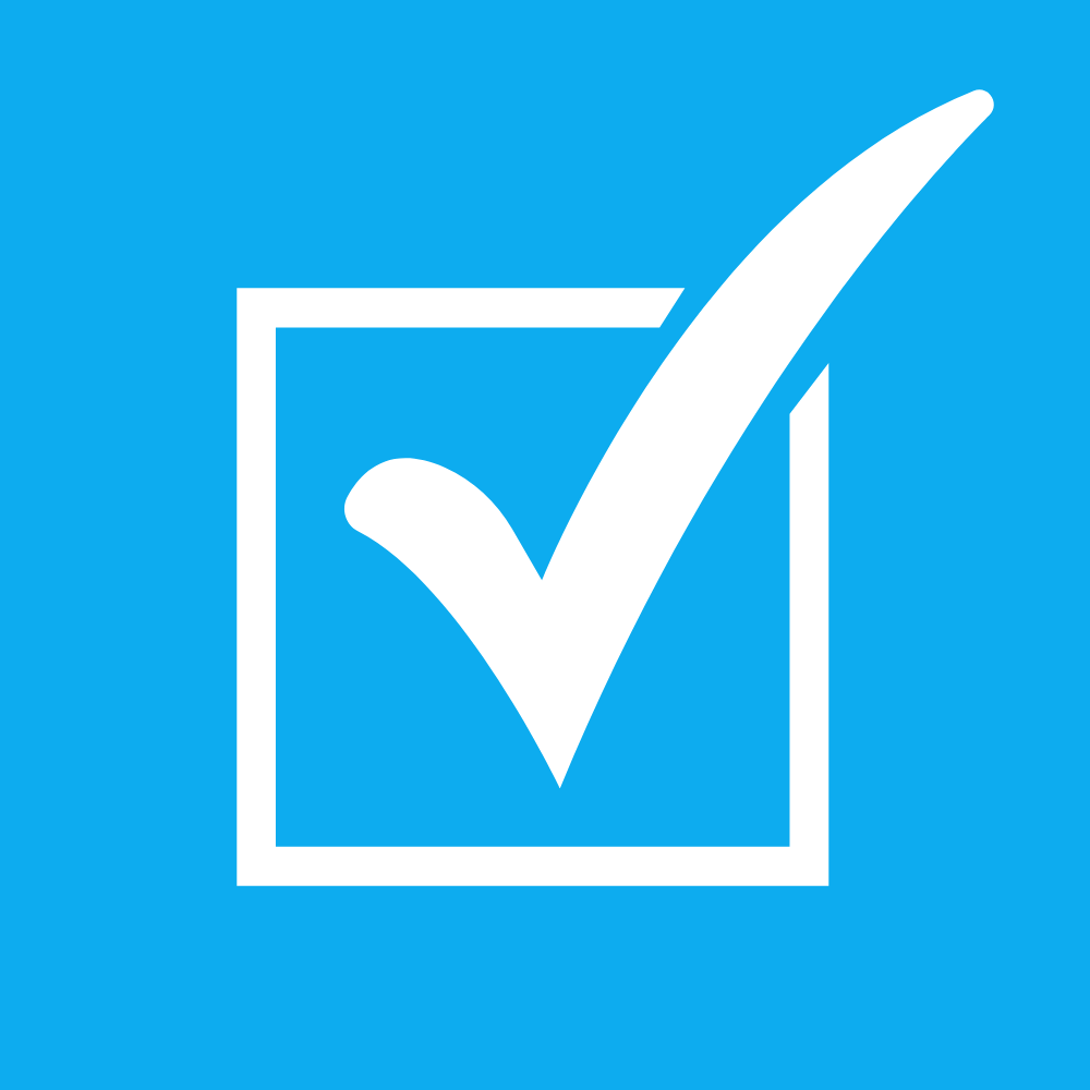 A blue background with a white check mark inside a square, symbolizing approval or completion.