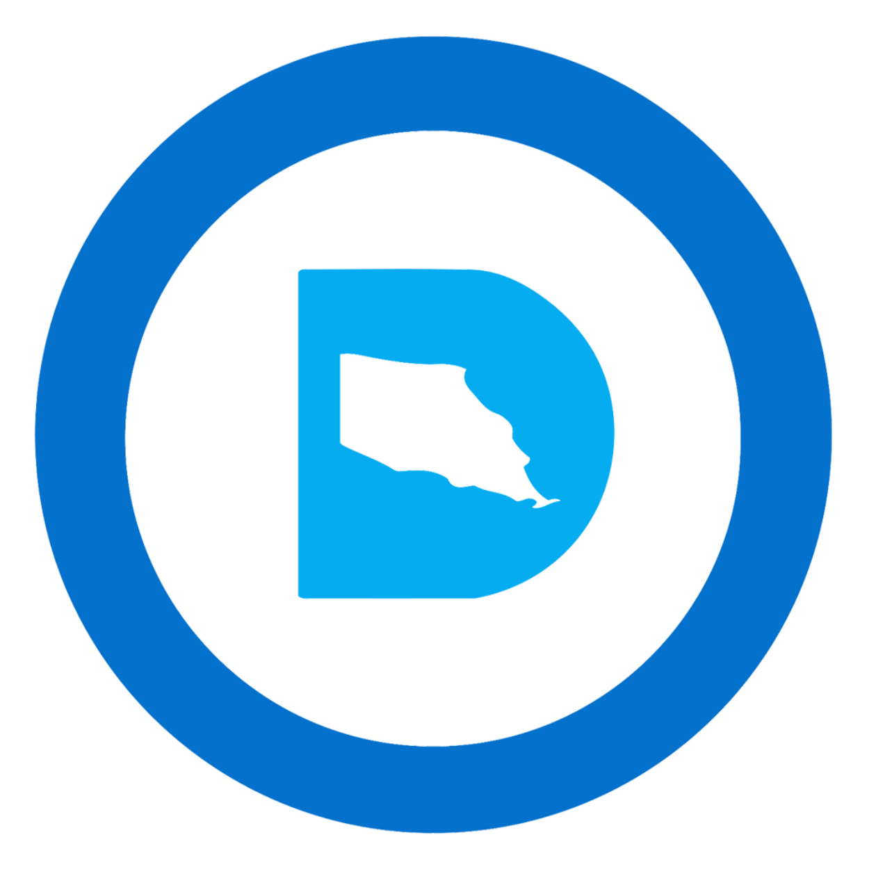 The St Tammany Democratic Parish Executive Committee logo featuring  a blue circle containing a stylized white letter 'D' and the shape of the state of St Tammany Parish inside the letter.