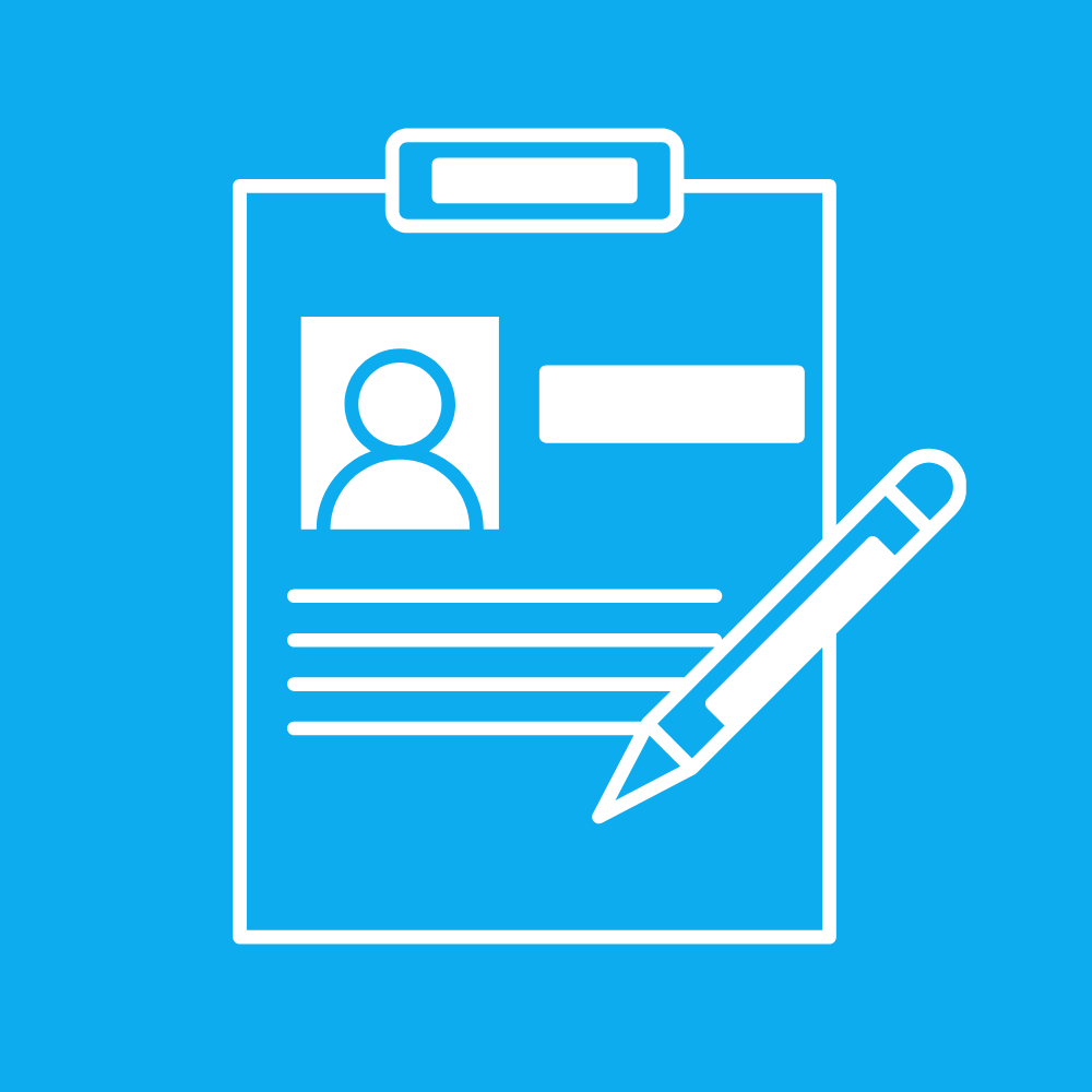 Icon of a clipboard with a profile photo, lines of text, and a pen, representing a form or application.