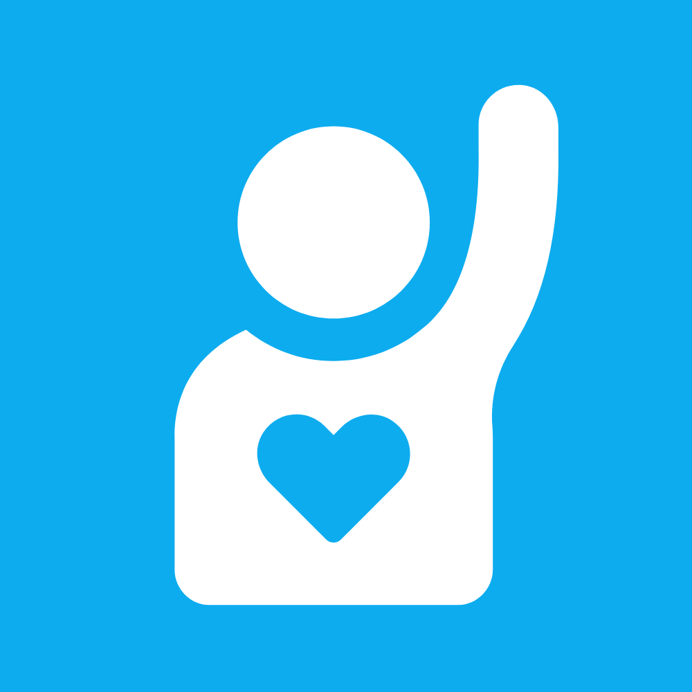 Icon of a person with one arm raised and a heart on the chest, on a blue background.