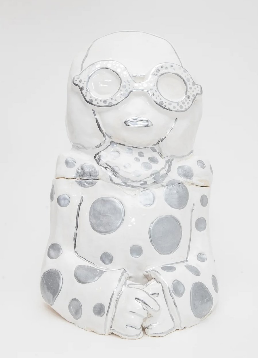 Yayoi Cookie Jar, hand-sculpted ceramic clay, glazed bright white with shiny metallic chrome