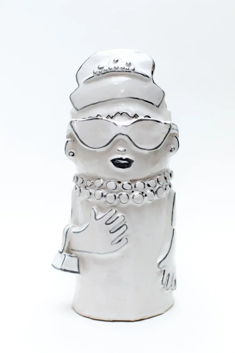 AUDREY HAZY VASIE, hand-sculpted ceramic clay, glazed bright white with shiny metallic chrome
