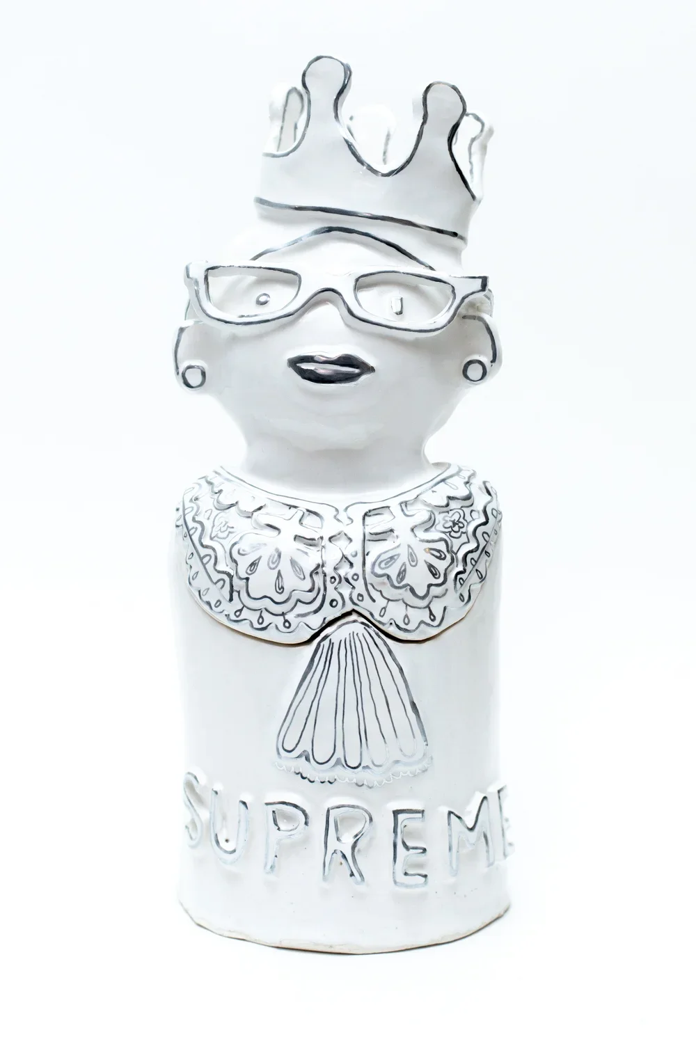 RBG COOKIE JAR, hand-sculpted ceramic clay, glazed bright white with shiny metallic chrome
