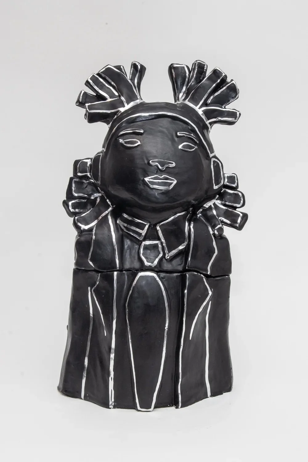 BASQUIAT COOKIE JAR, hand-sculpted ceramic clay, glazed bright white or satin black with shiny metallic chrome details
