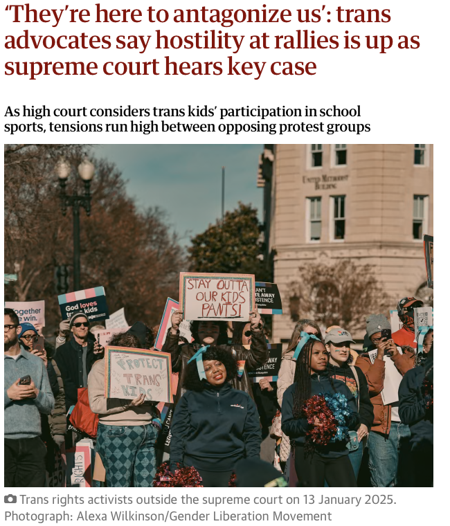 Protest of trans rights activists outside the supreme court, with signs reading 'Stay outta our kids' pants!' and 'Protect trans kids,' in front of a government building with trees and street lamps.
