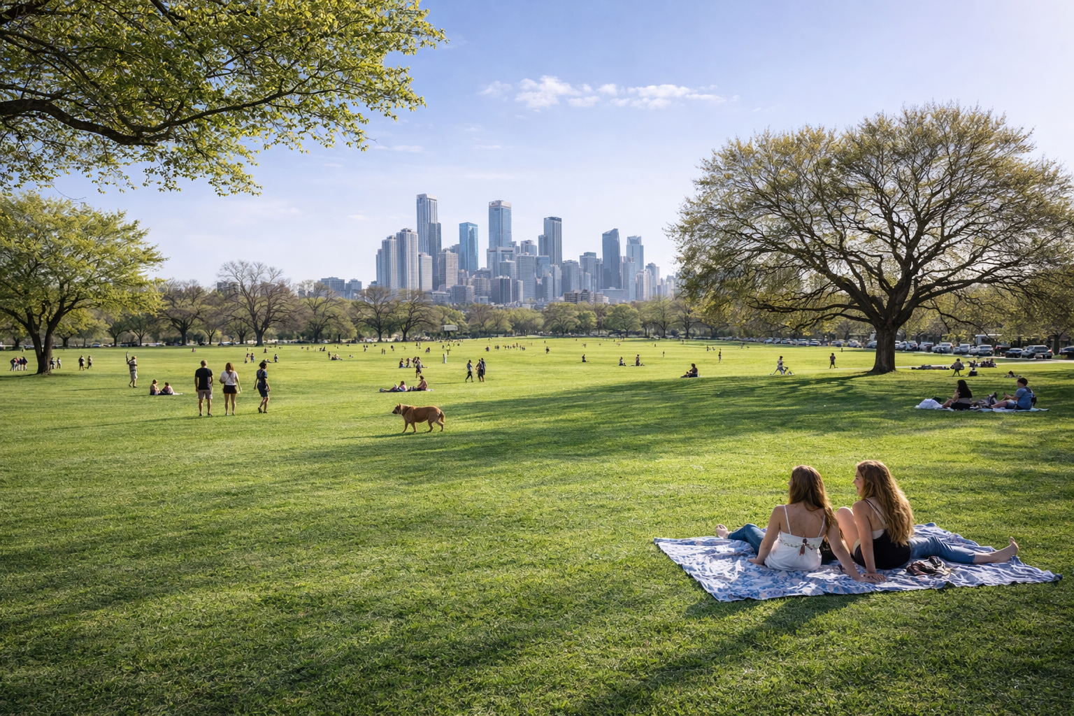 A park with green grass, large trees, and people sitting, walking, and cycling on a sunny day, with a city skyline of tall buildings in the background.