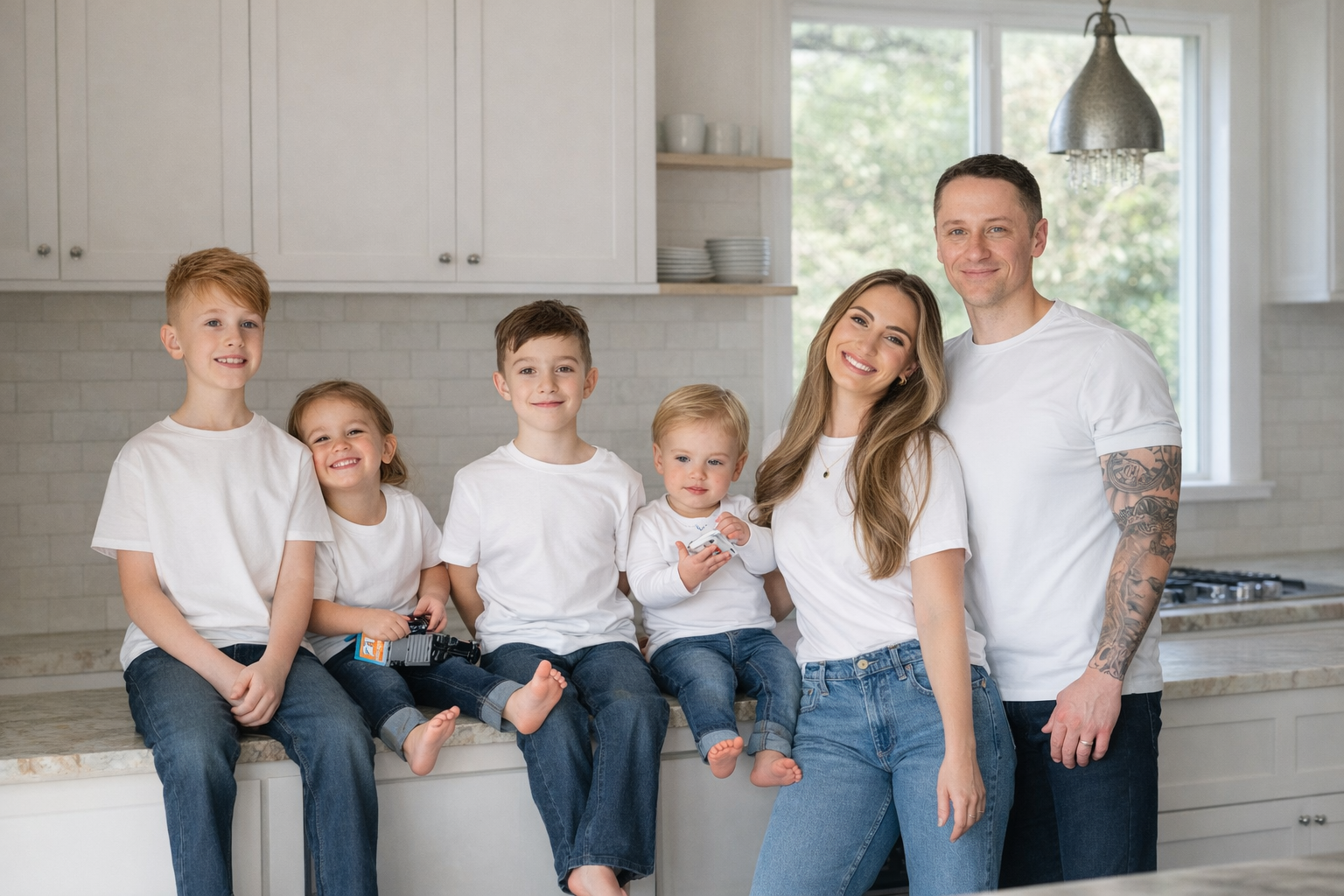 Family of seven smiling in a bright modern kitchen. The family includes three children, a woman, and a man with tattoos. They are all dressed in white shirts and jeans.
