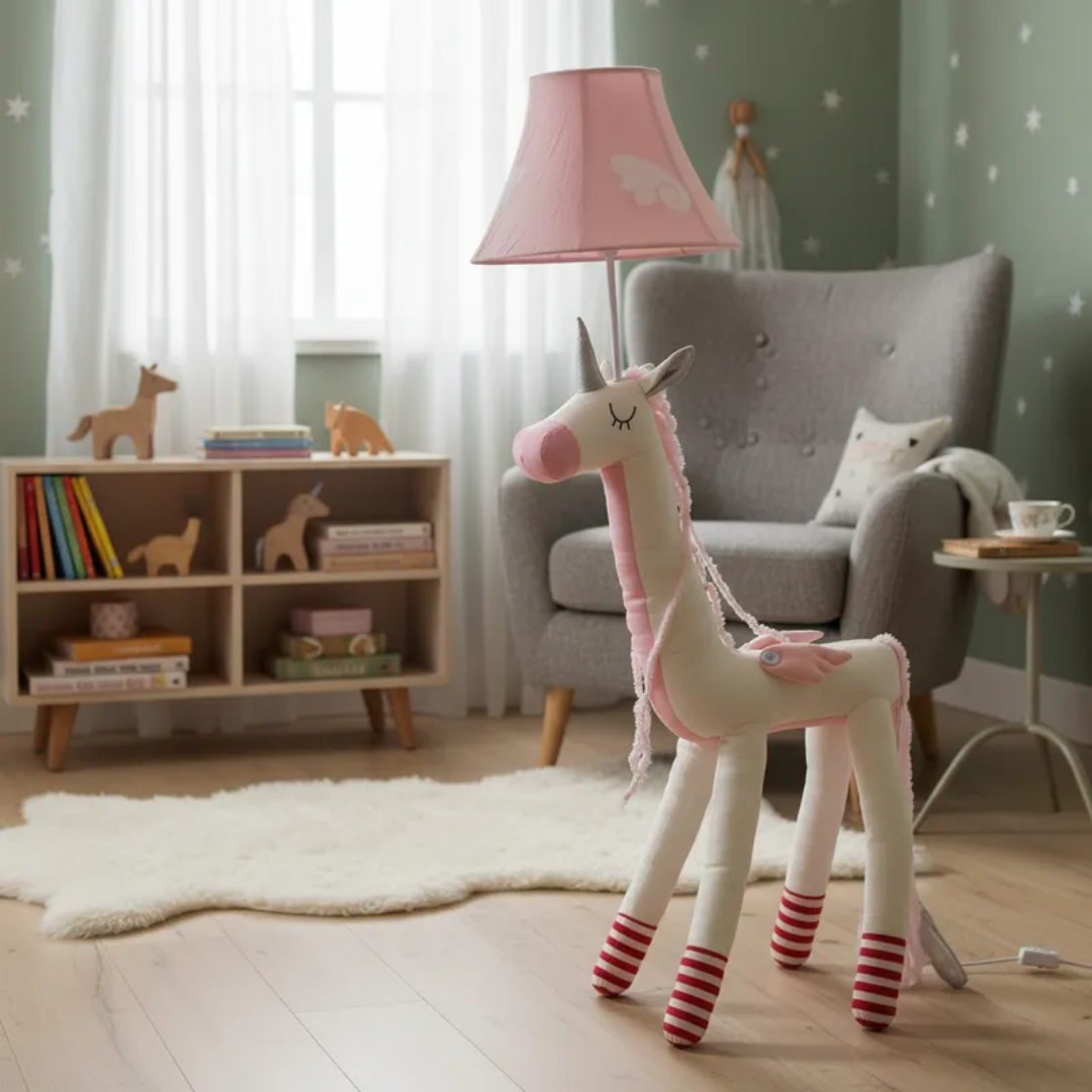 Lámpara Pie Led Unicornio Blanco/rosa Caricatura Infantil