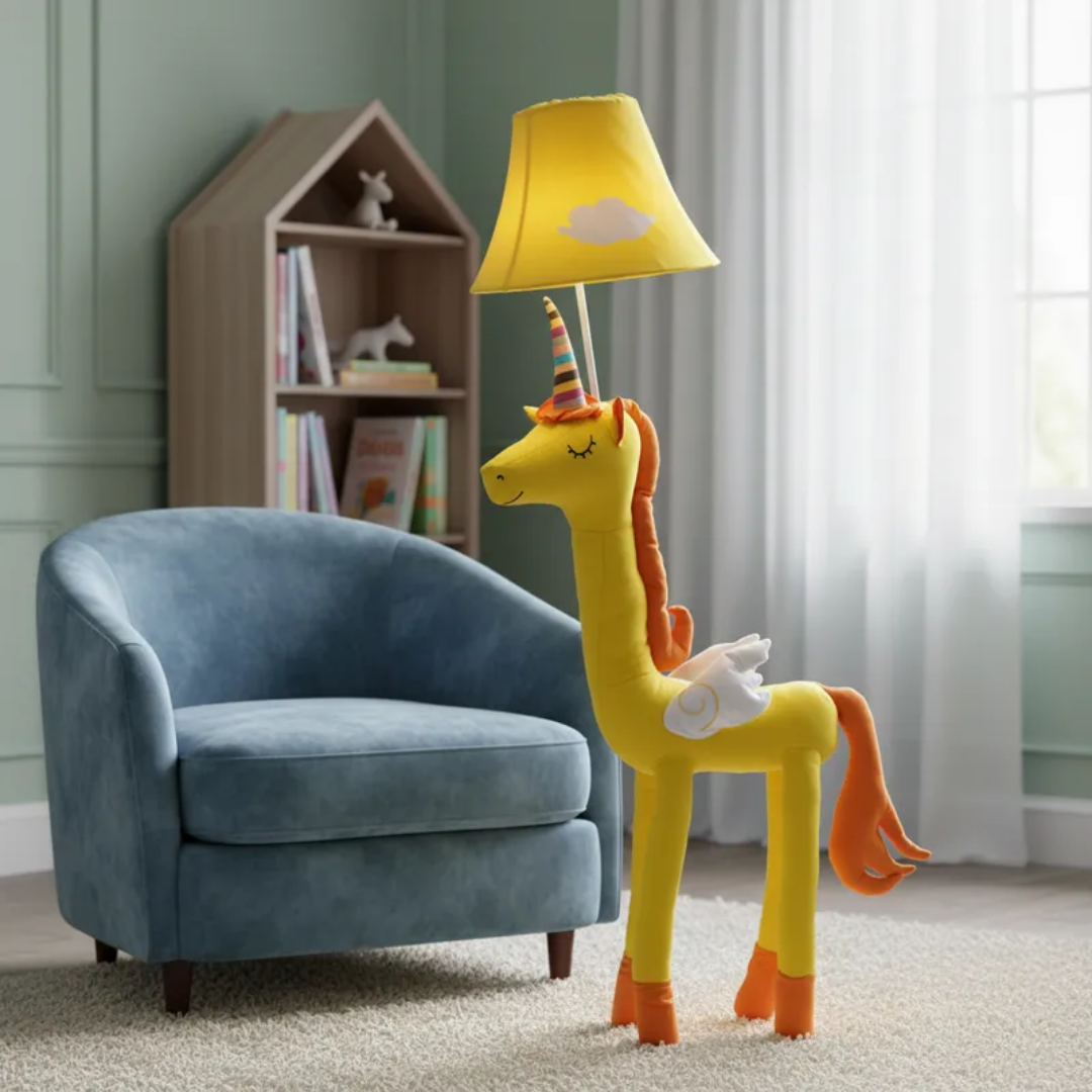 Lámpara Pie Led Unicornio Amarillo/naranja Caricatura Niños