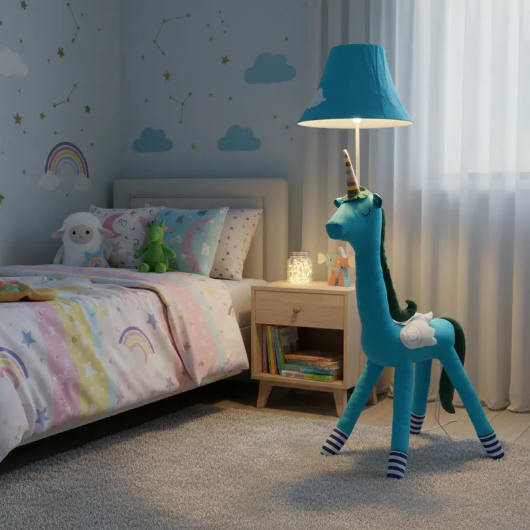 Lámpara Pie Led Unicornio Azul Caricatura Animado Infantil