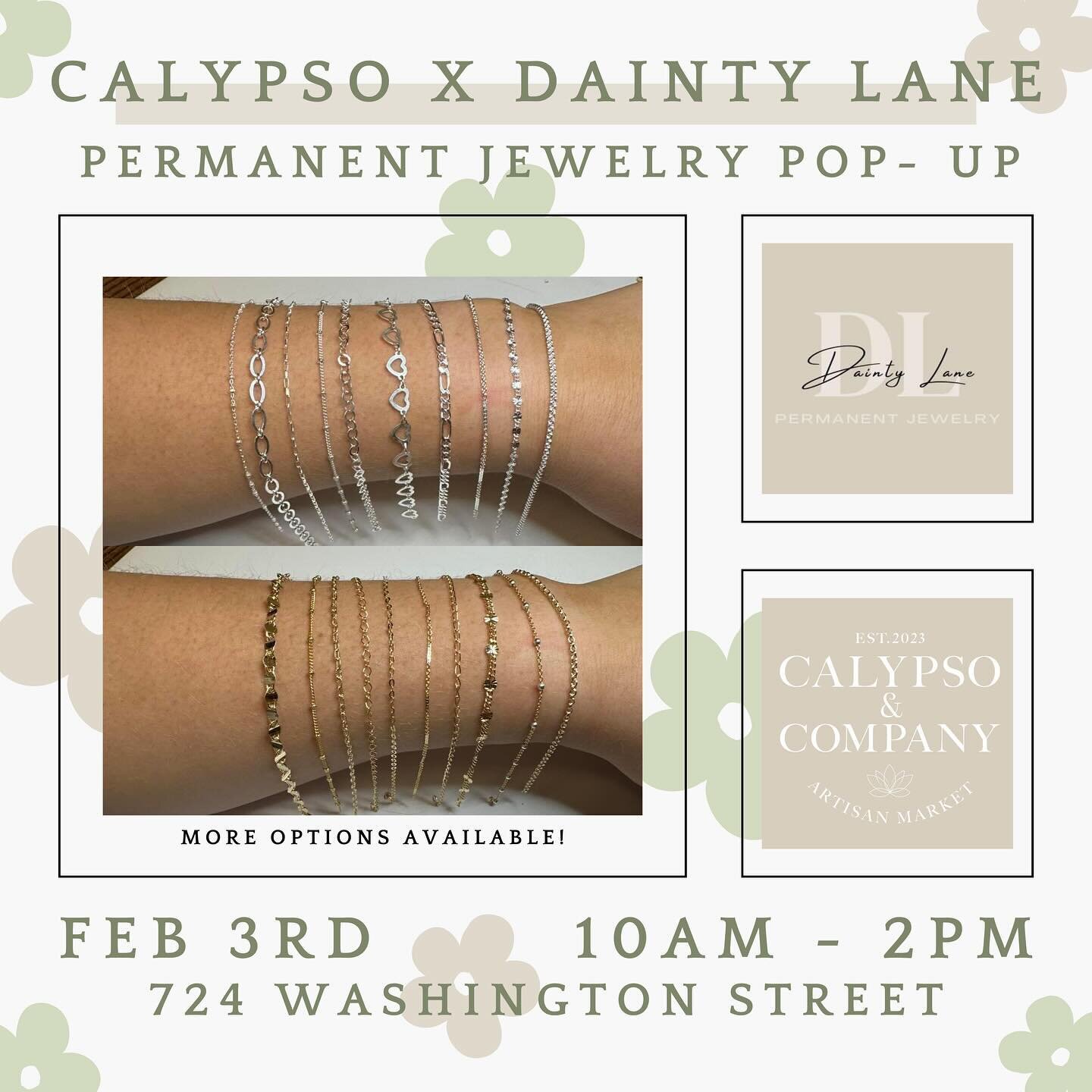 Dainty Lane Pop-Up 🛍️💎 Saturday, February 3rd!
-
With this BOGO 25% this is a perfect chance for a Mommy &amp; Me date! Or bring your bestie down and get matching sets! 🙌🏼

We&rsquo;ll see you there!!
Dainty Lane Permanent Jewelry &amp; Calypso ?