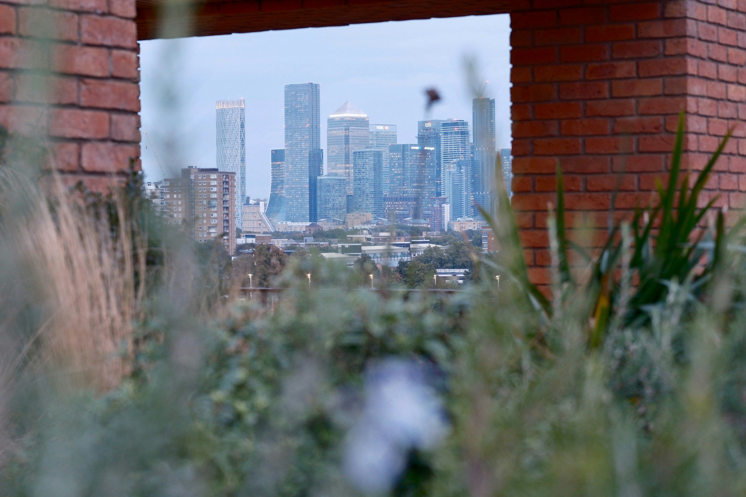 City skyline with tall modern skyscrapers viewed through a rectangular opening in a brick wall, surrounded by some plants in the foreground.