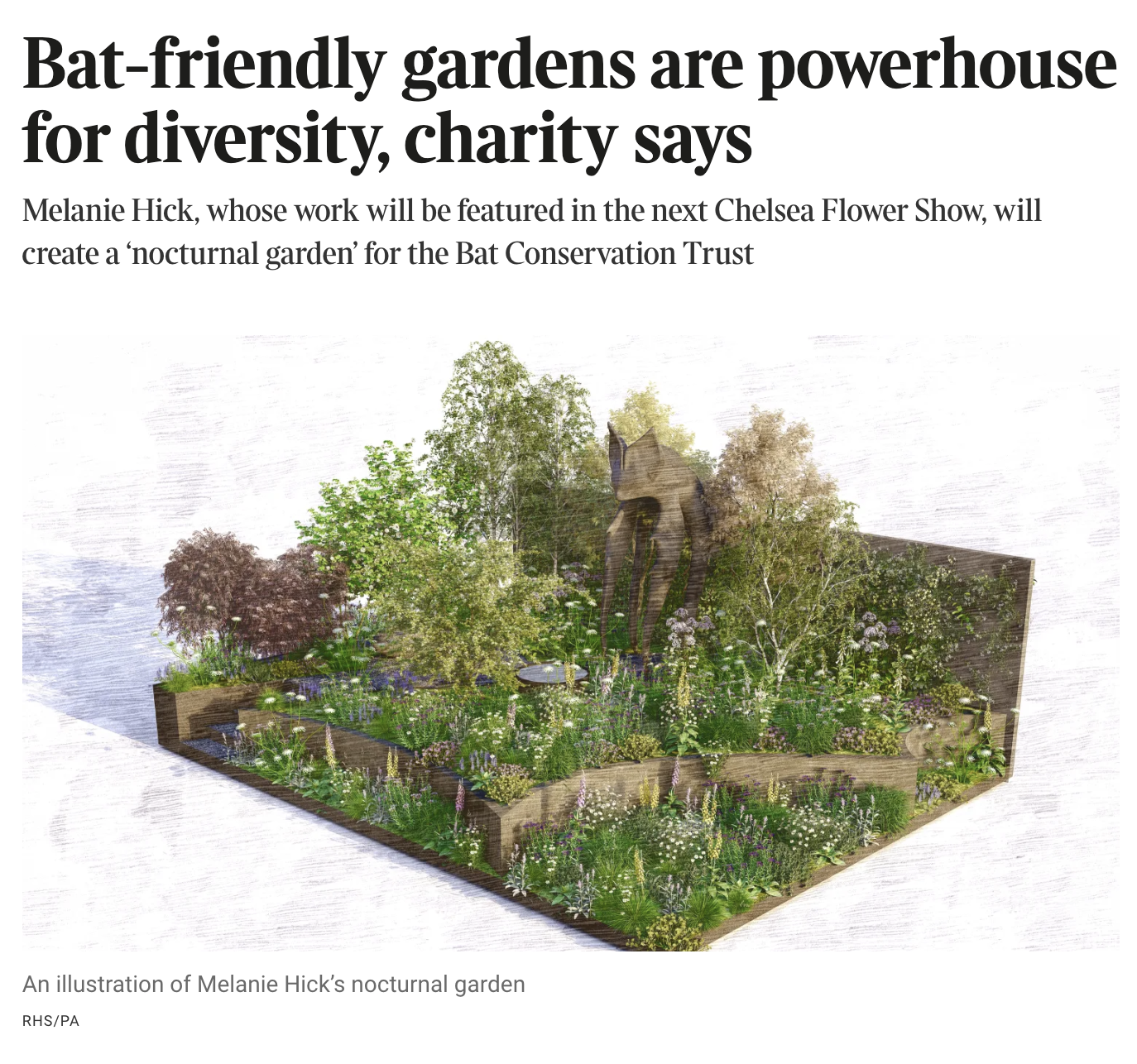 A computer render of the Nocturnal Garden at Chelsea Flower Show 2026. A Natural garden with a large black bat sculpture.