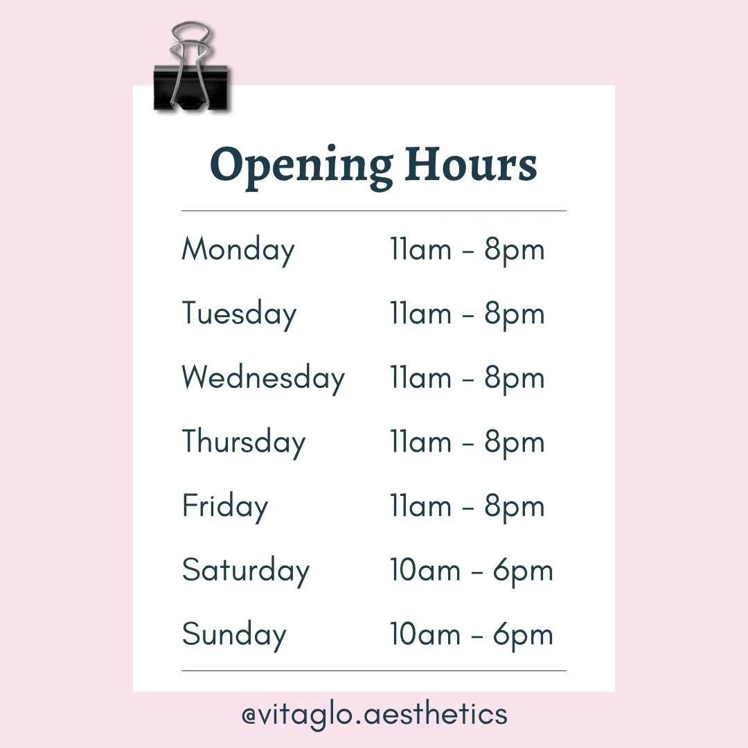 We’re OPEN 7 days a week. Come book a FREE consultation.
Can’t find a time that fits you, message us to let us know we will always try to fit you in.
Self-care matters so schedule some time to nourish your skin and soul.
We hope to see