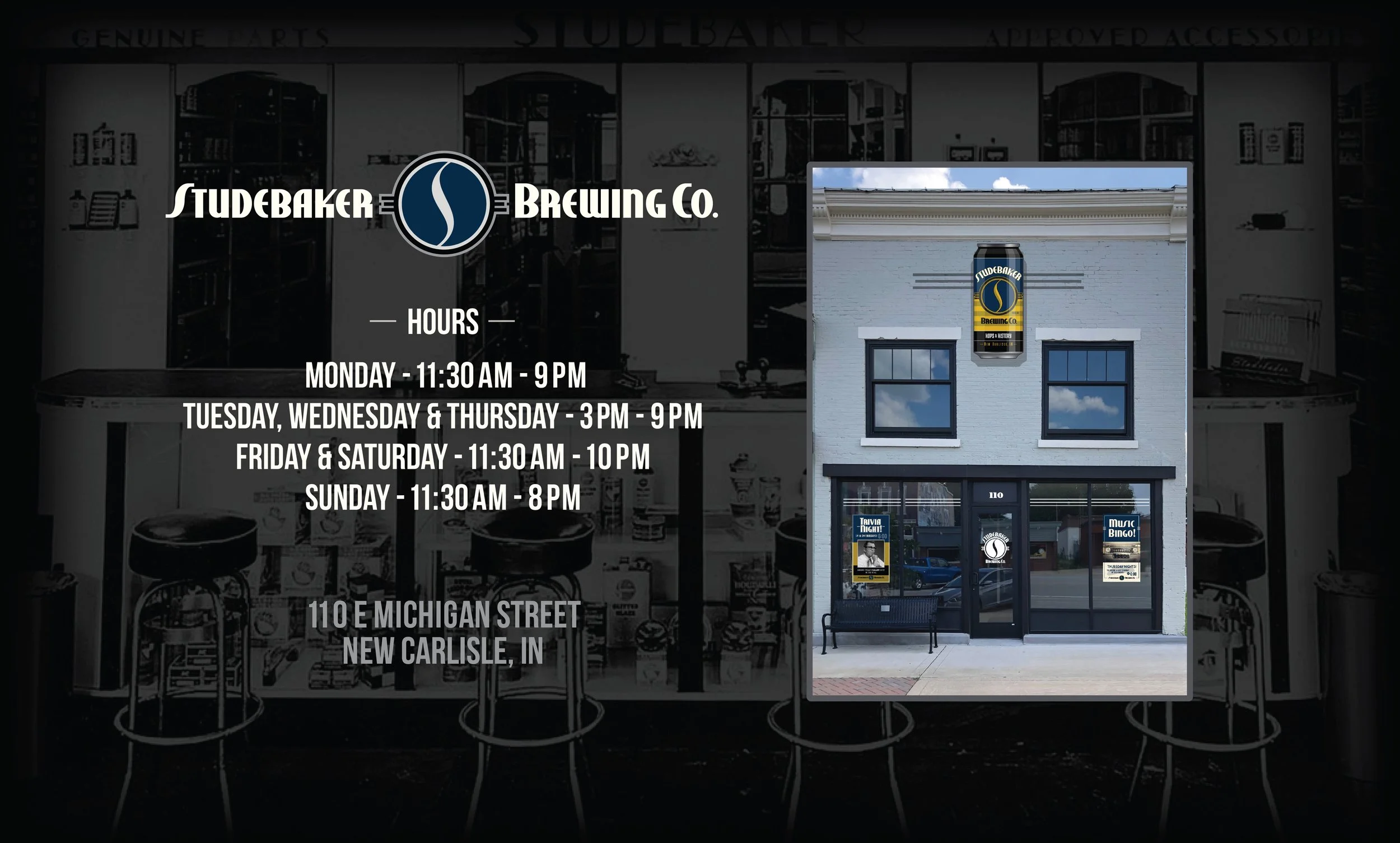 Overlay of a business sign for Studebaker Brewing Co. with hours and address listed, with a photo of the building exterior showing two windows and a door, and posters in the windows promoting trivia night and music bingo, on a street in New Carlisle, Indiana.