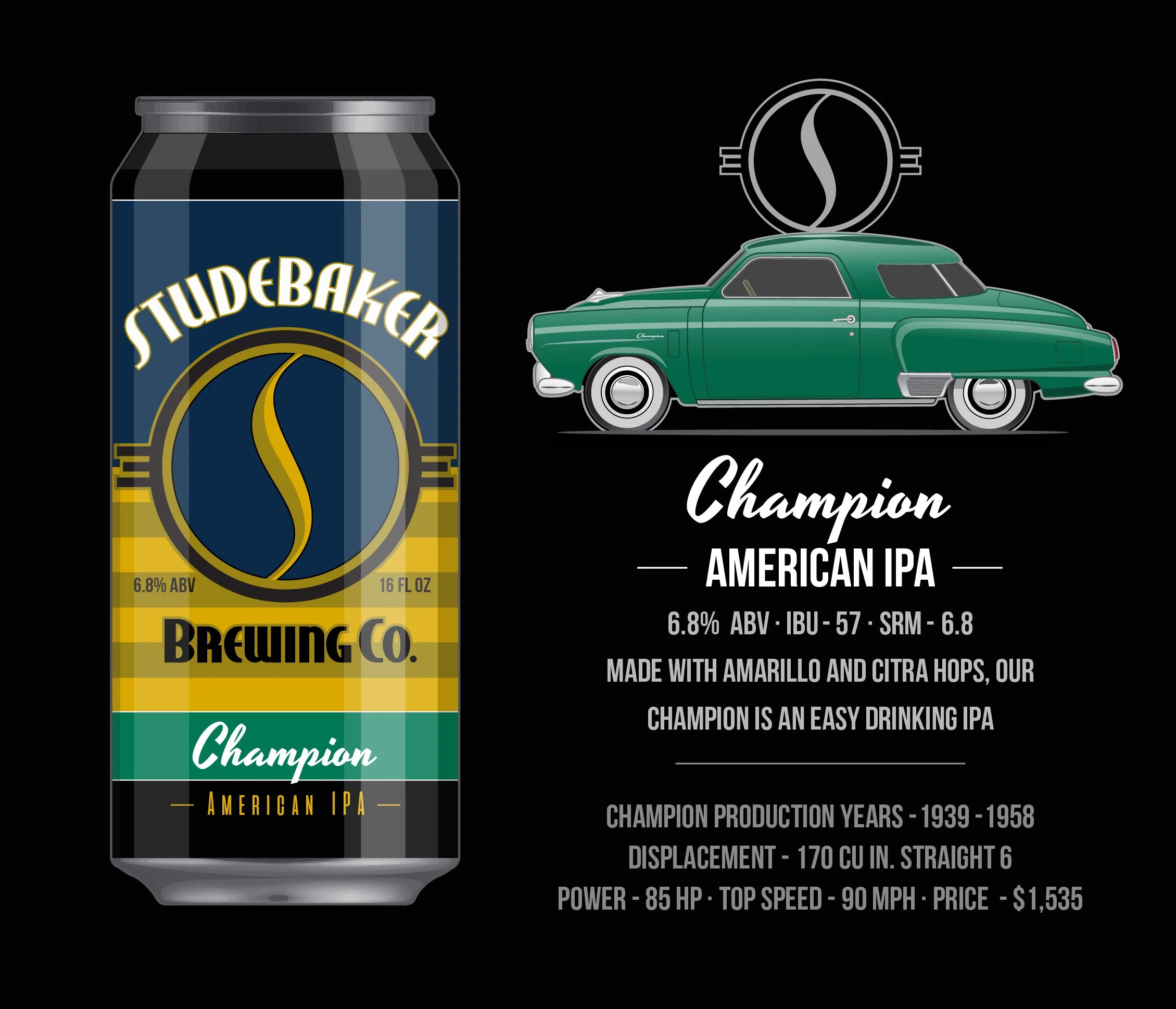 An illustration of a beer can labeled 'Studebaker Brewing Co. Champion American IPA' with a design featuring yellow, blue, and green colors, beside a vintage green car with a large stereo on top and a circular logo in the background.