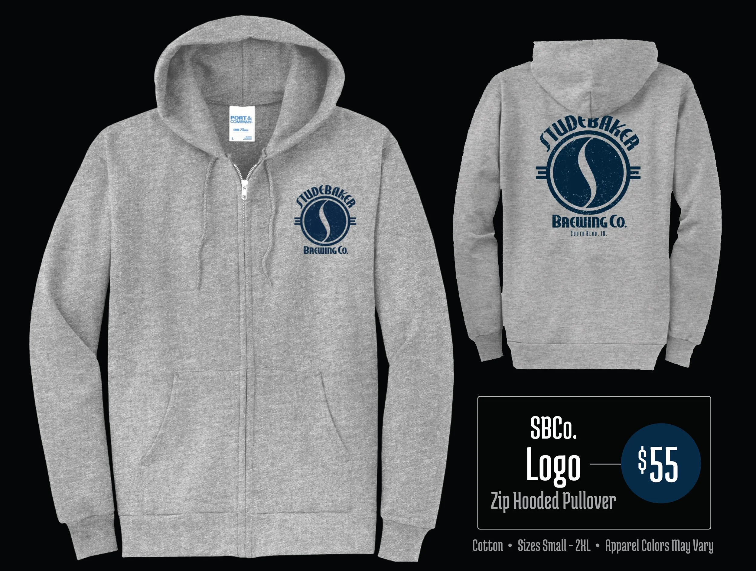 Gray zip-up hooded sweatshirt with a blue and white logo that says "Studebaker Brewing Co." on the chest.