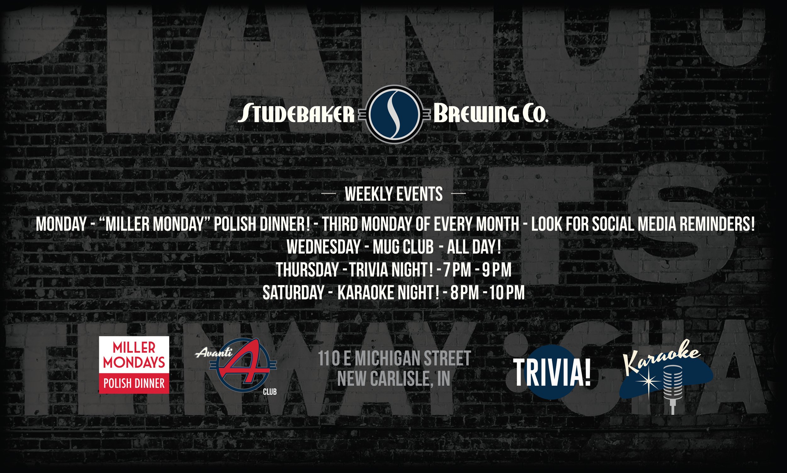 Weekly events schedule at Studebaker Brewing Co. with social media reminders, Mug Club, trivia night from 7 to 9 PM, and karaoke night from 8 to 10 PM, located at 110 E Michigan Street, New Carlisle, IN.