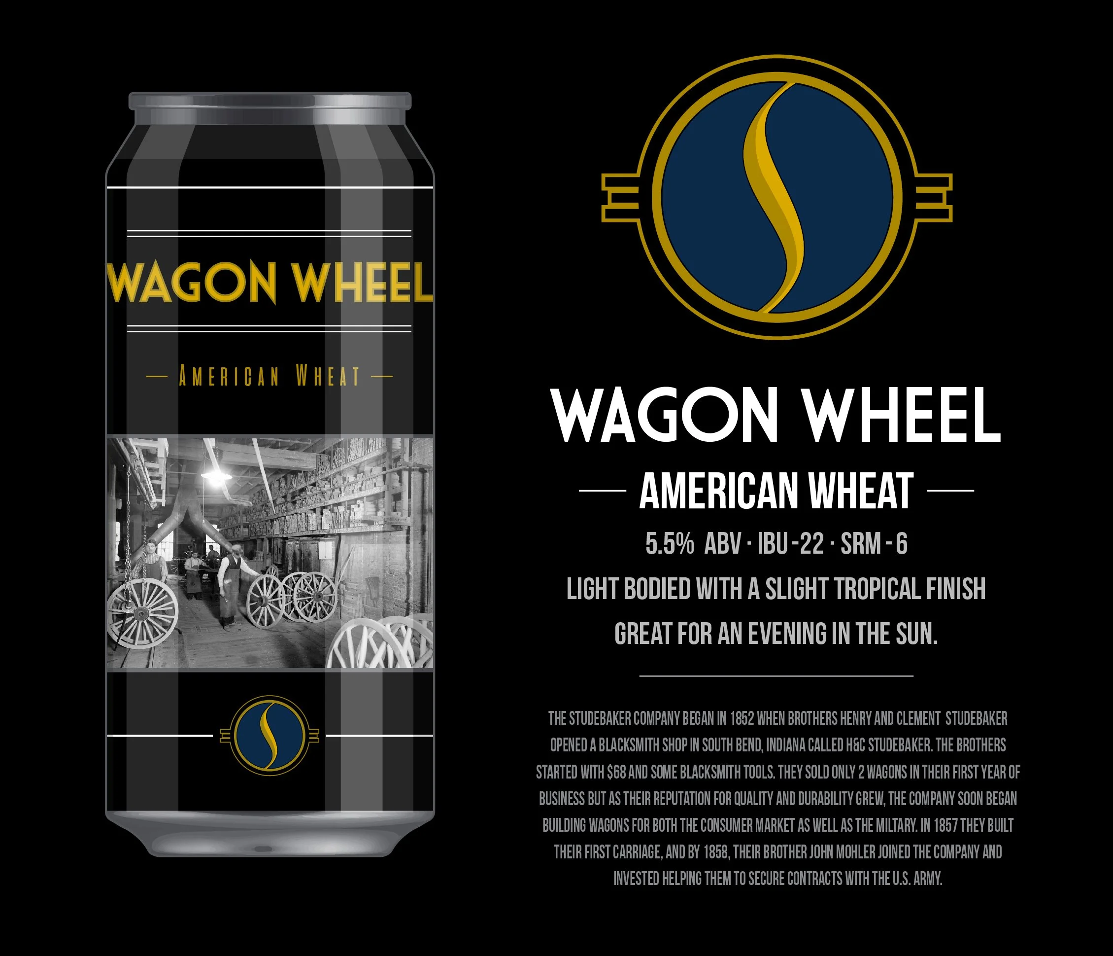 A black and gray can of Wagon Wheel American Wheat beer with a vintage black and white image of a wagon wheel workshop on the label. The text indicates the beer has 5.5% ABV, IBU 22, SRM 6, and a light body with a slight tropical finish, recommended 