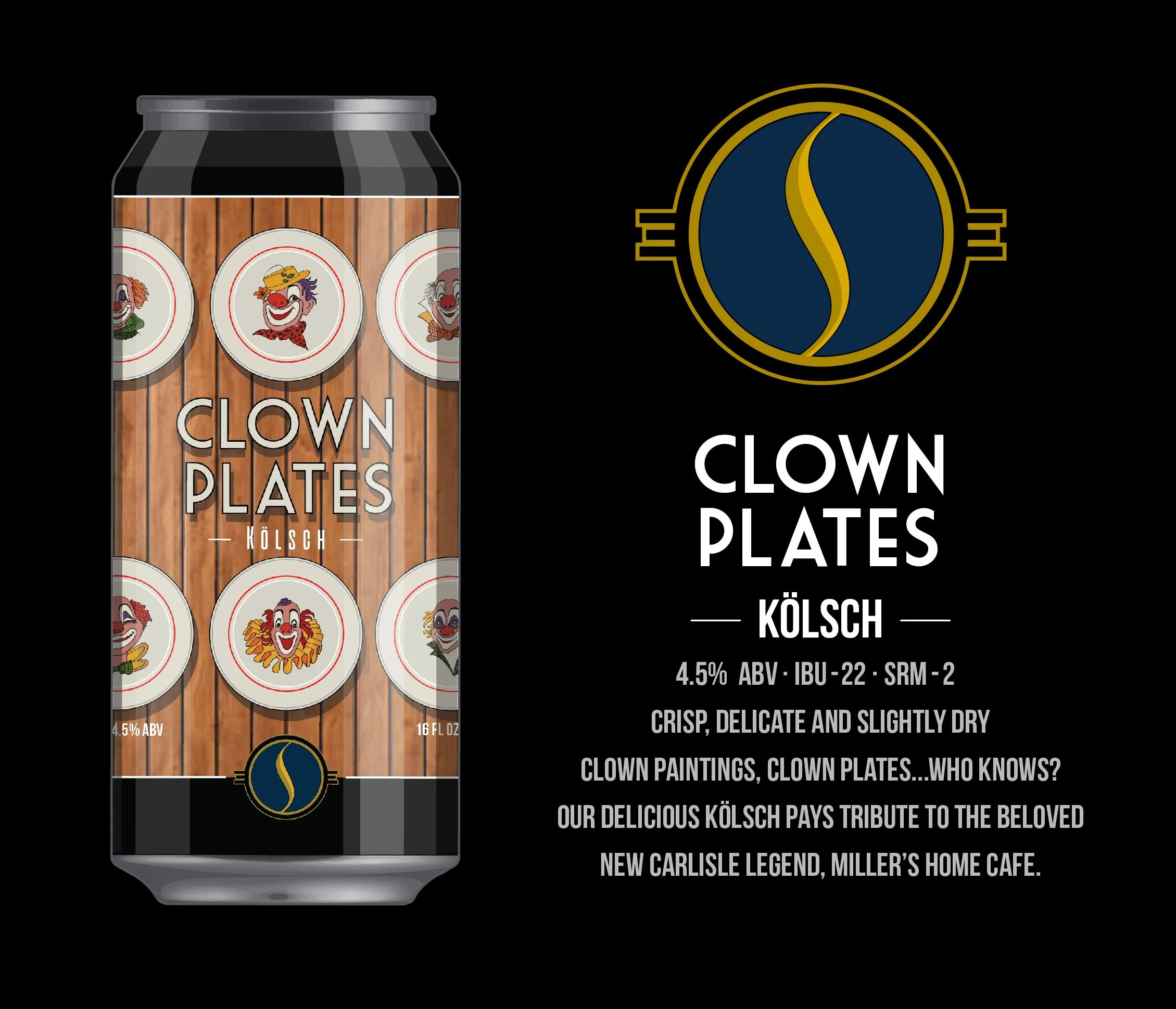 A can of Clown Plates Kölsch beer with clown-themed lid artwork and a label describing the beer's details.