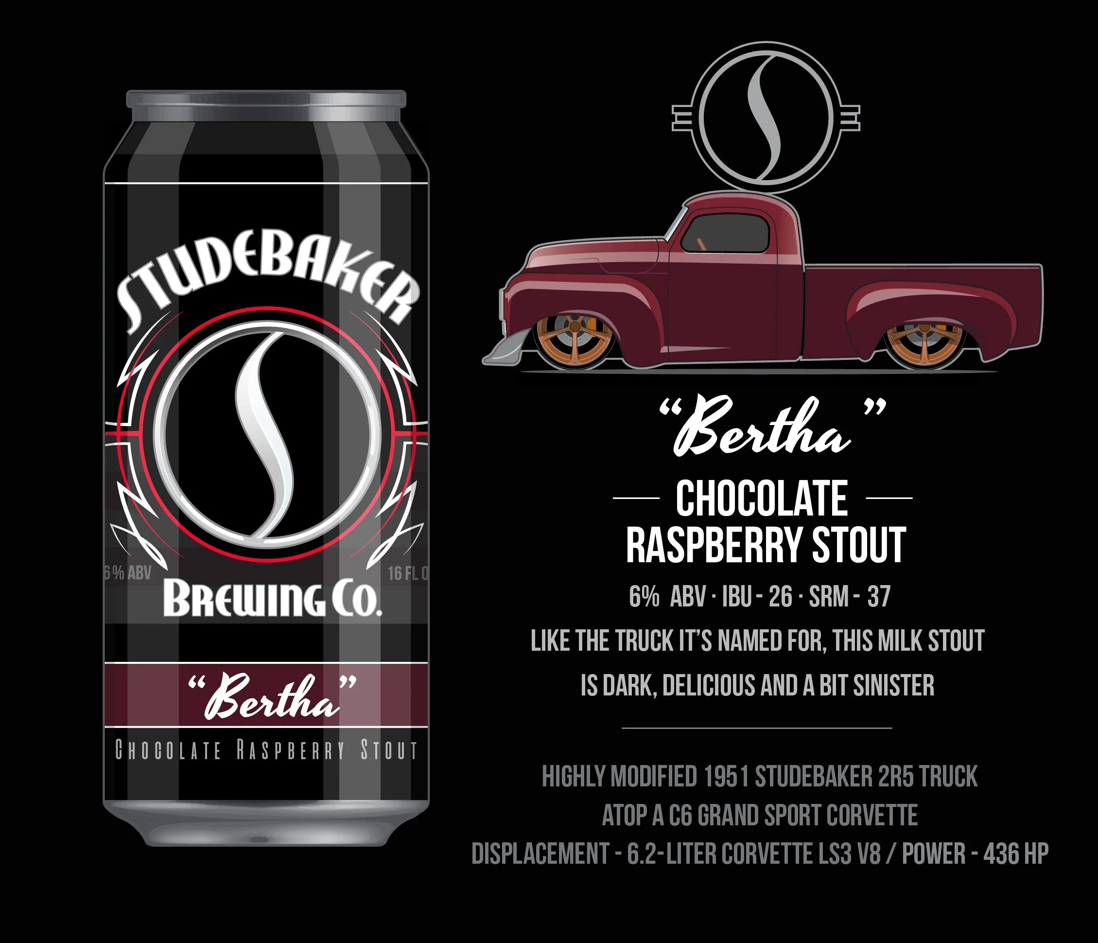A craft beer can labeled 'Bertha' Chocolate Raspberry Stout from Studebaker Brewing Co., with a vintage 1951 Studebaker truck illustration, description of beer, and technical specifications.