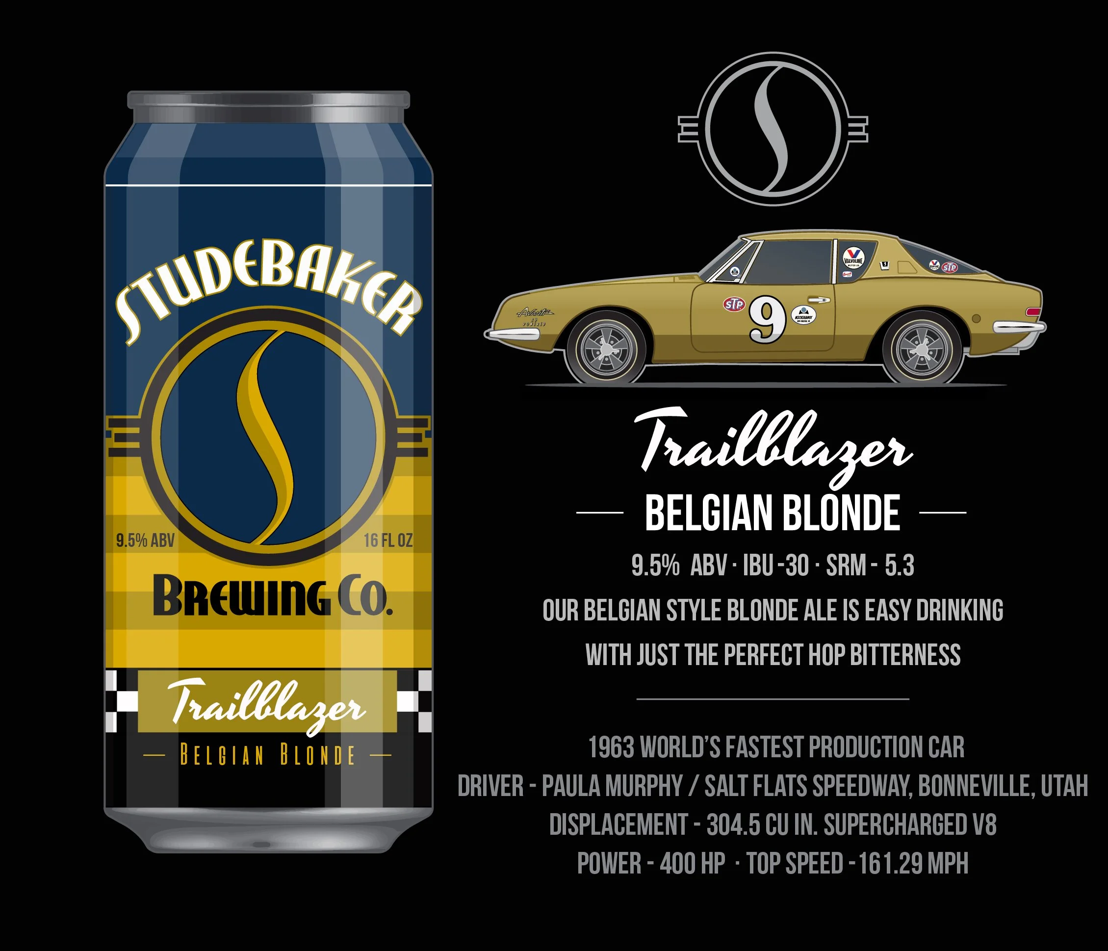 Design of a beer can labeled 'Studentbaker Brewing Co. Traillazer Belgian Blonde' with a profile illustration of a vintage yellow car and racing decals.