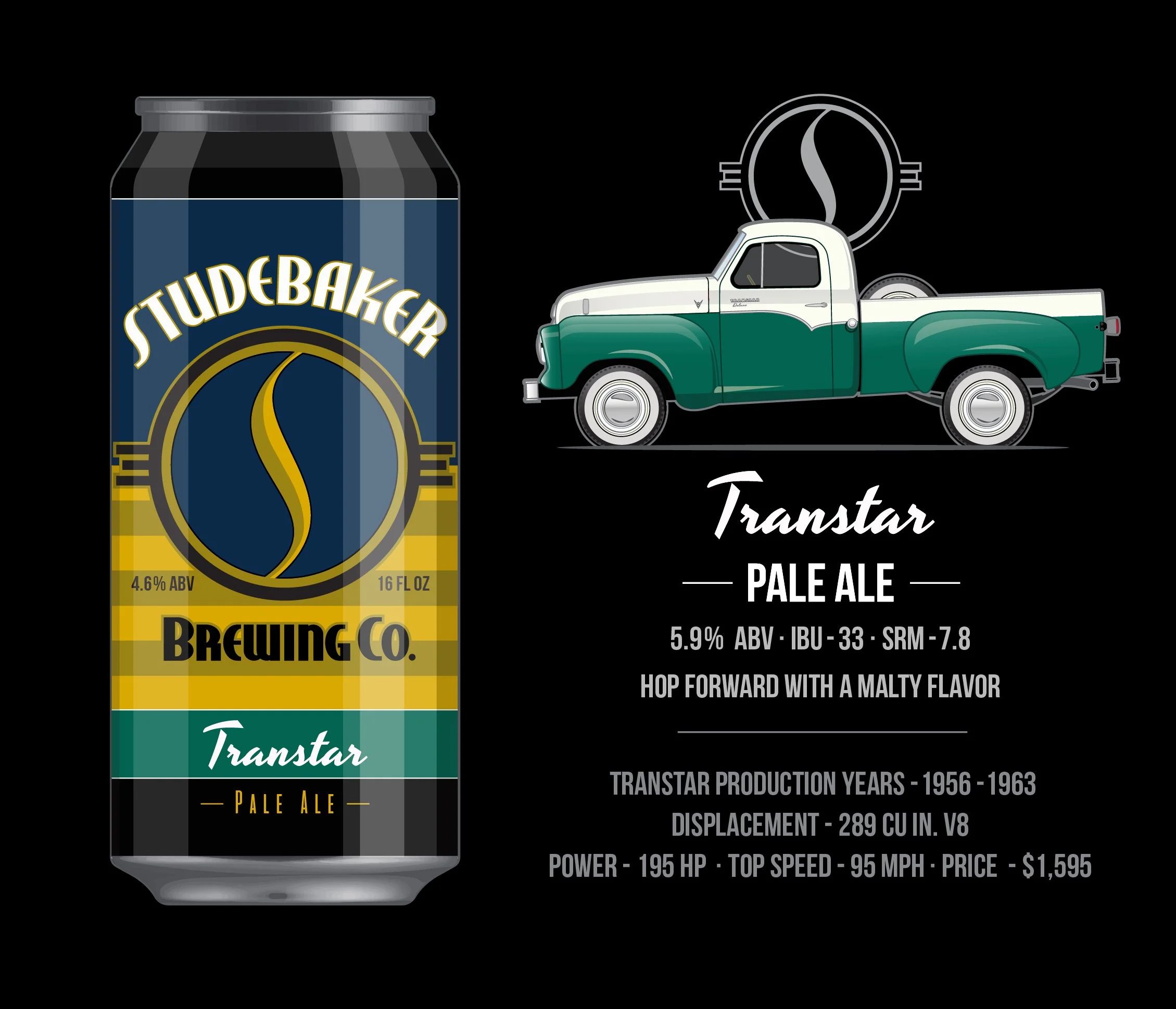 A can of StudentBaker Brewing Co. Pale Ale named Transtar, with a background graphic of a vintage green and white pickup truck and a stylized sun logo.