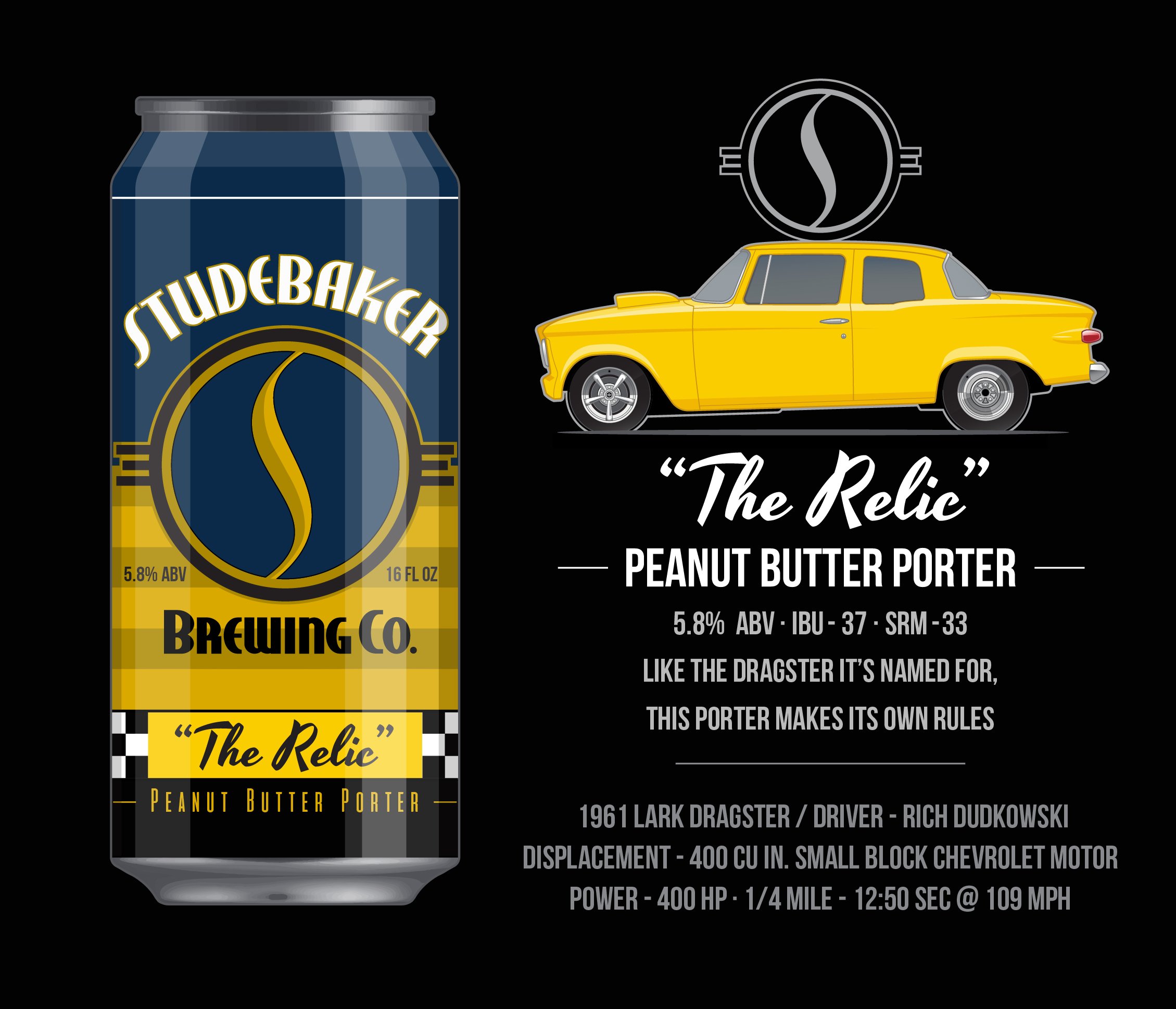 Can design featuring a can of Peanut Butter Porter beer called 'The Relay' with a yellow vintage car and circuit logo, text about the beer's specifications, and a note referencing a 1961 Chevrolet drag racer driver.