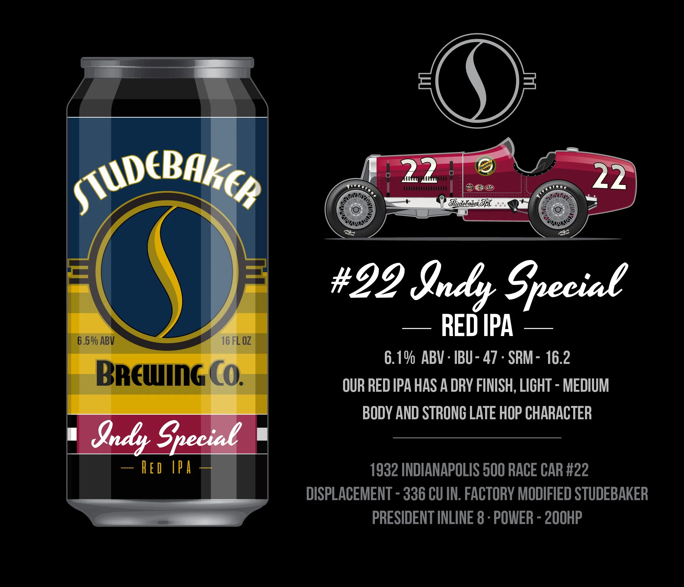 Can with StudioBaker Brewing Co. branding featuring Indy 500 race car #22 and info about a Red IPA beer, including its alcohol content, flavor profile, and the car's specifications.