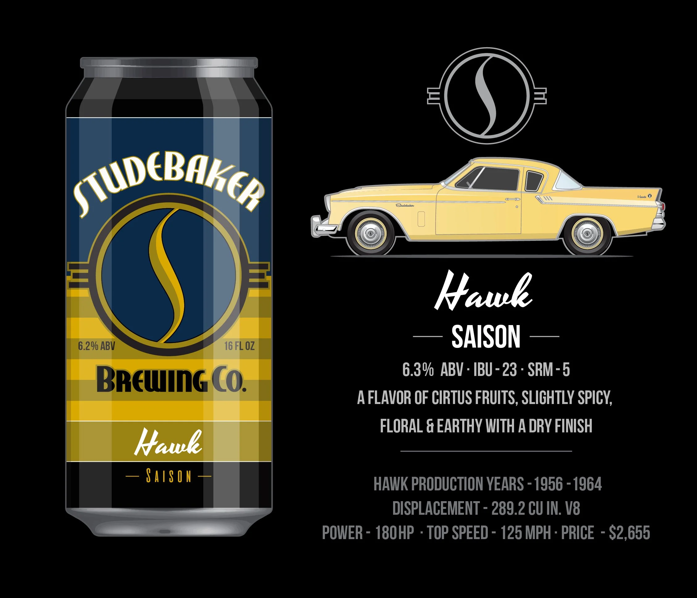 A can of Studdebaker brewing company's Hawk Saison beer, featuring a yellow classic car and a circular logo with a stylized 'S' on a black background, along with product details and a vintage car illustration.