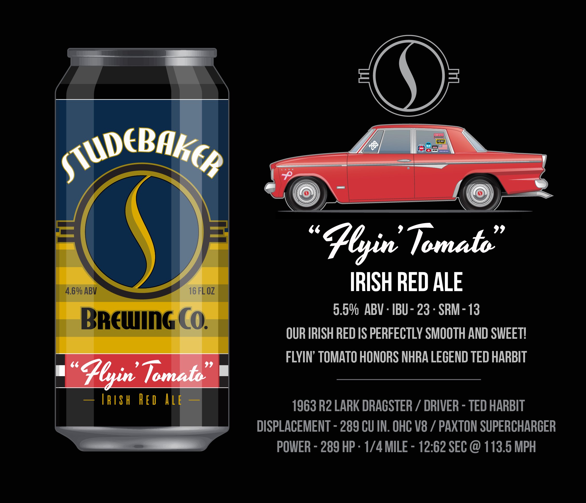 A can of Irish Red Ale beer named Flyin' Tomato by Studebaker Brewing Co. features a yellow and blue label with a stylized tomato emblem. The background includes a red vintage 1963 Lark Dragster car and specifications about the car and beer on a blac