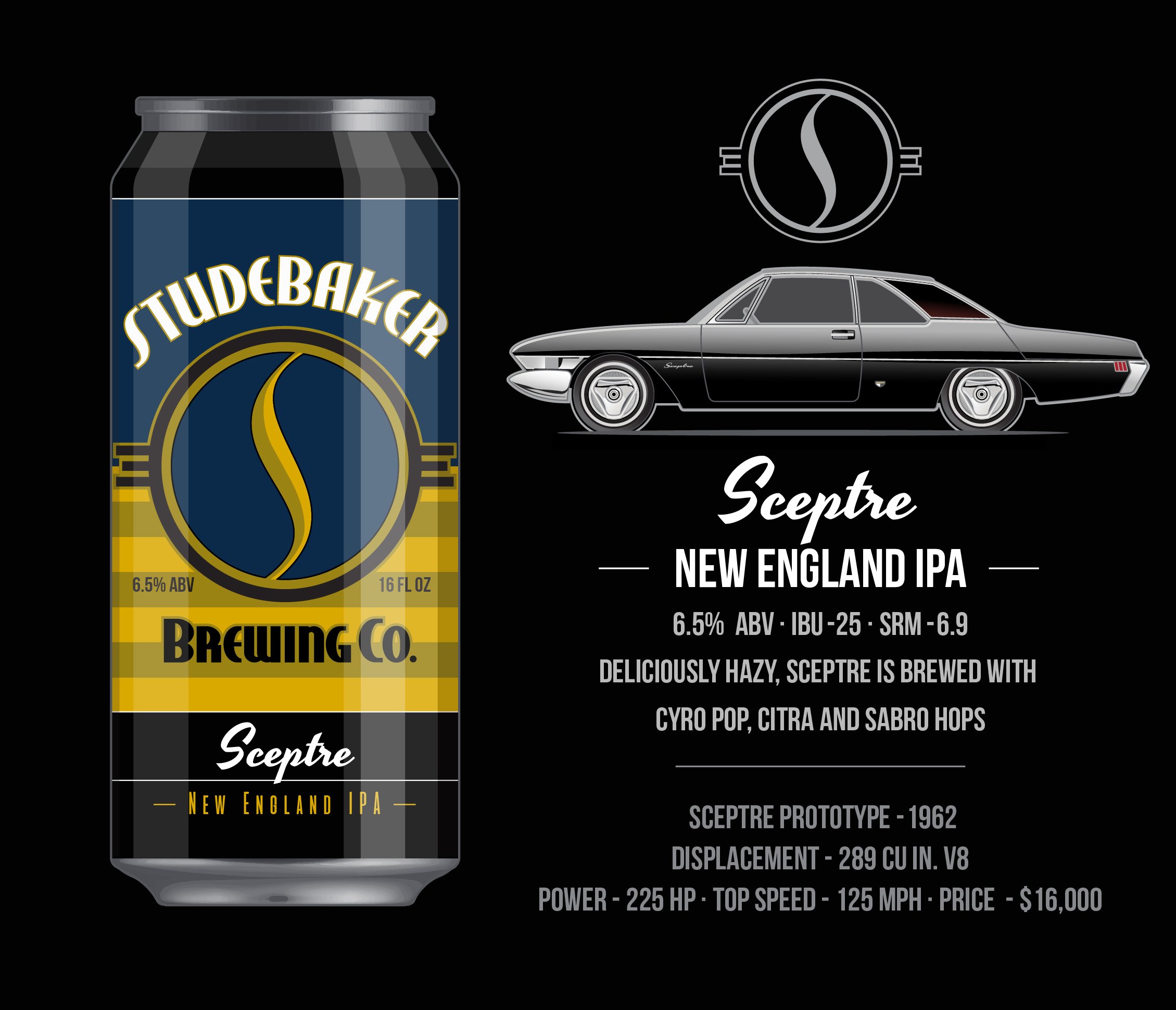 A digital illustration showcasing a craft beer can labeled 'StudentBaker Brewing Co., Sceptre, New England IPA, 6.5% ABV, 16 fl oz.' beside a stylized drawing of a classic black car, with a beer cap logo above. To the right, detailed text describes t
