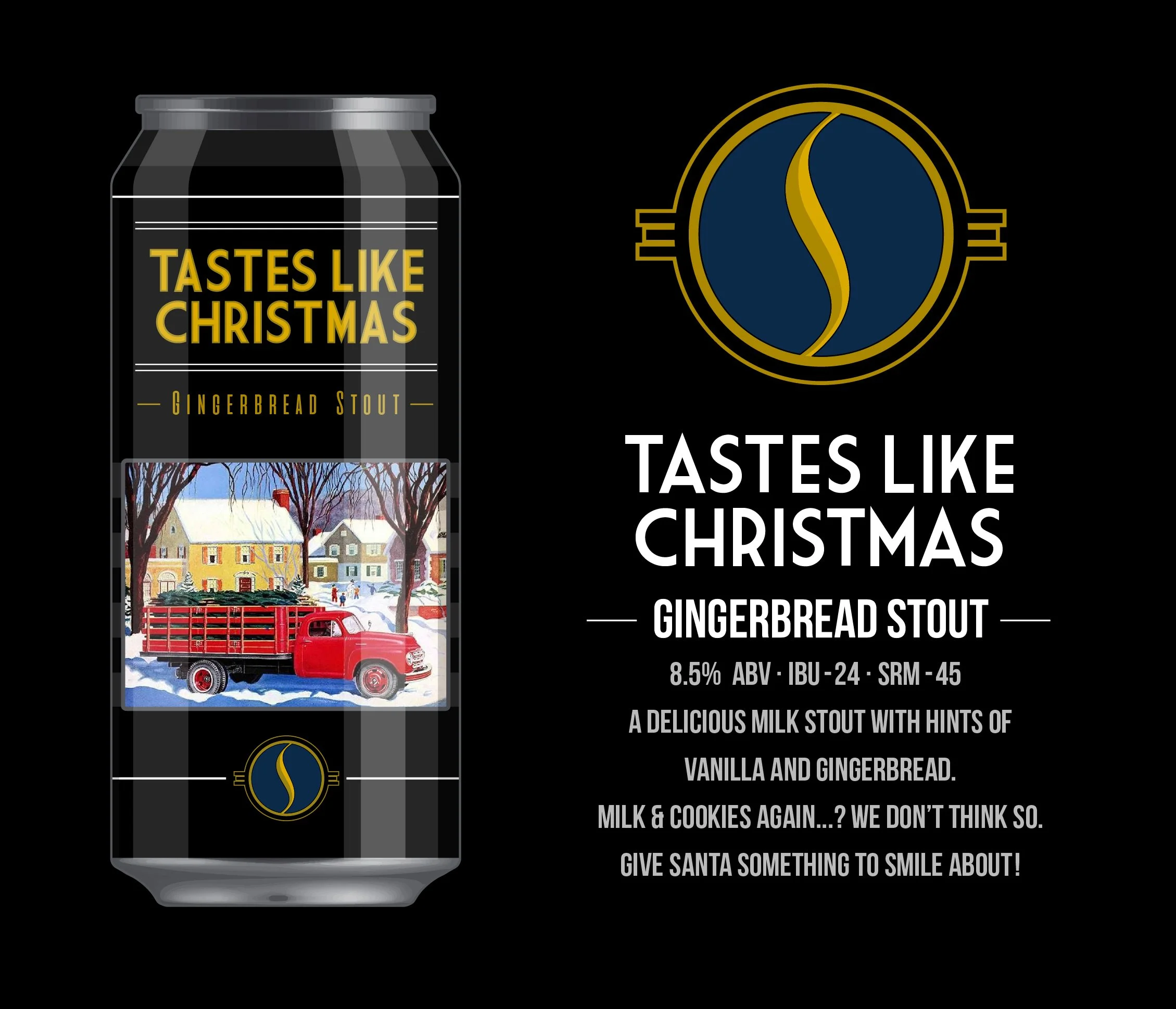 A black can of gingerbread stout beer with festive holiday theme, including an illustration of a red truck in a snowy neighborhood with colorful houses and snow-covered trees. The label reads 'Tastes Like Christmas' and 'Gingerbread Stout,' with alco