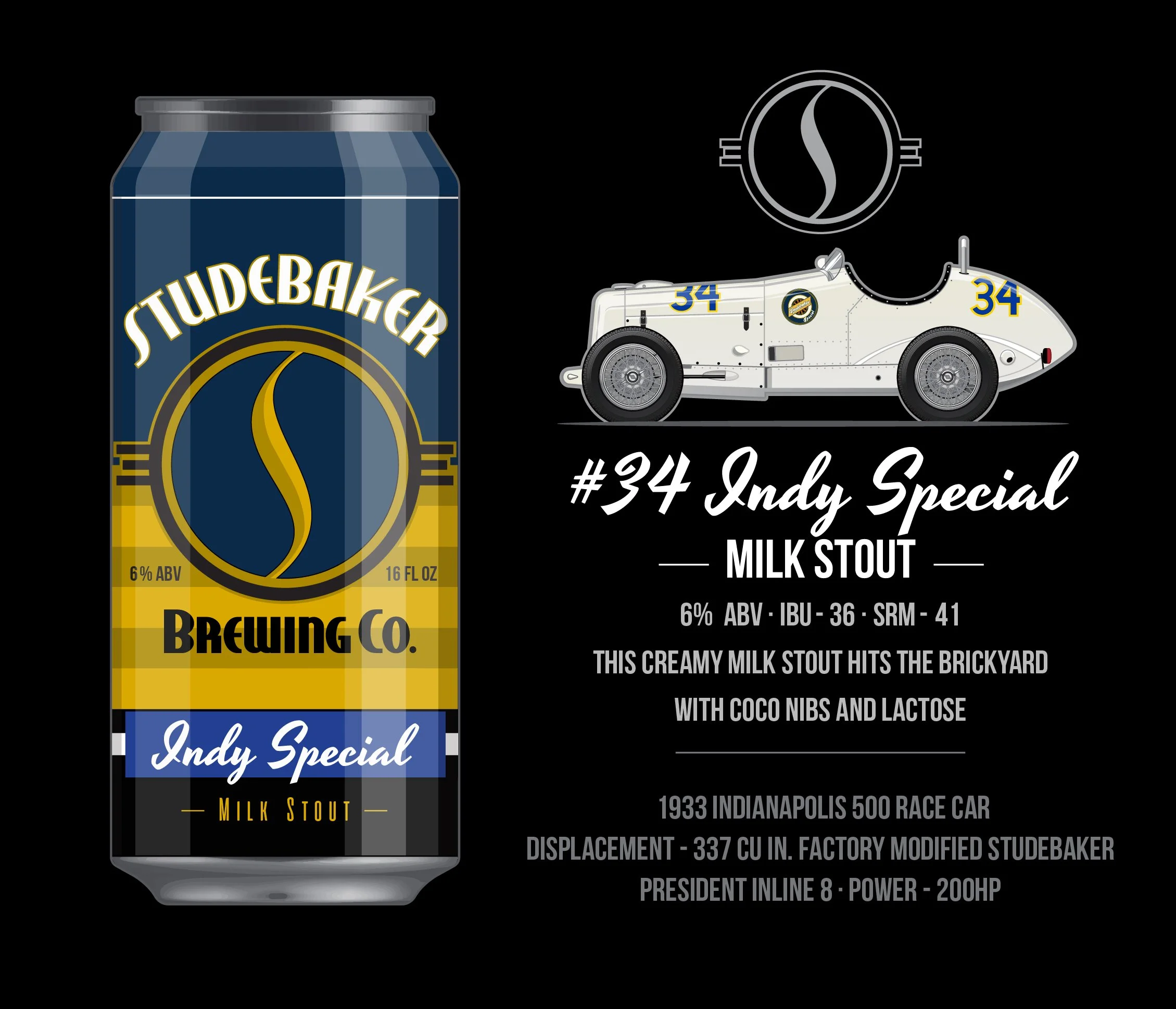Design of a milk stout beer can with the label 'Studebaker Brewing Co., Indy Special Milk Stout,' featuring a yellow and blue color scheme, a circular logo, and commercial details, alongside a vintage race car illustration and product description.