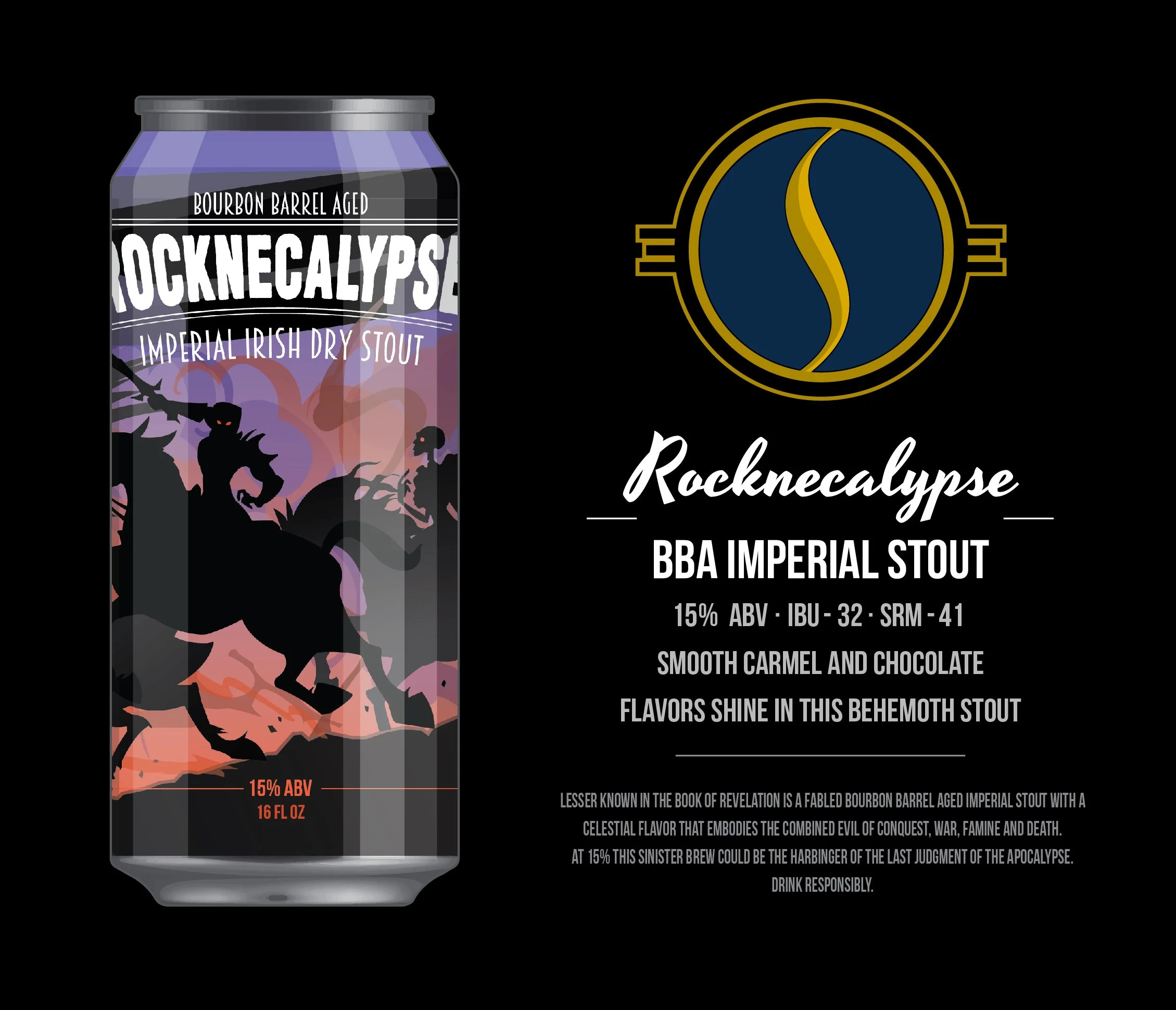 Can with a label for Rocknecalypse bourbon barrel aged imperial Irish dry stout with illustrations of silhouetted demons and a background in purple, black, and orange, and a logo with a stylized S in a circle.