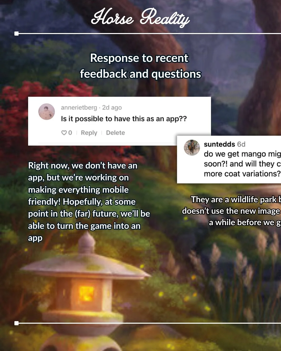 Would you like to see more carrousels like this? If you do please write down your questions or feedback!🐴✨

Horse Reality is a FREE-TO-PLAY-in-development horse game!

#HorseReality #horse #horsegame #freetoplaygame #horsebreeding #horsebreeds #hors