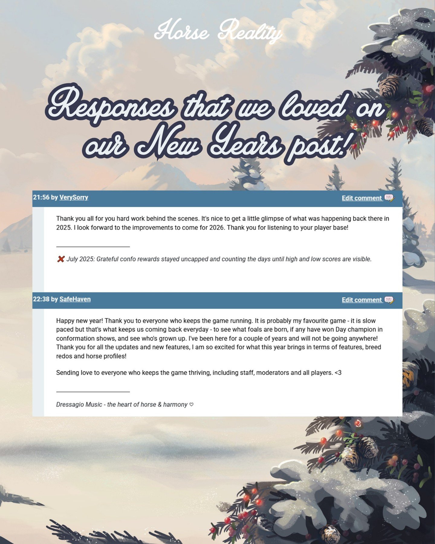 We kickstarted the year with our New Years post and we are loving the responses and would  like to share them! This year we will make Horse Reality better than ever before and make the game enjoyable for everyone!👏🏼😄

Horse Reality is a FREE brows