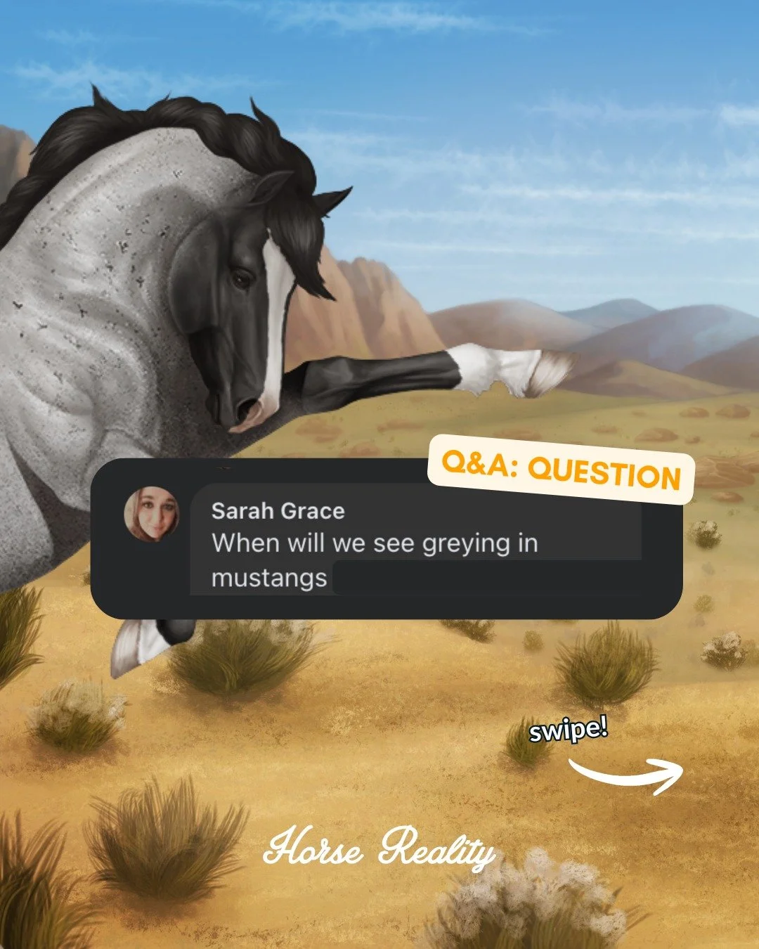 Short answer: Not for a while. 

Mustangs are part of the wildlife parks, and that part of the game isn&rsquo;t using the new art system yet. We need that in place before we can add things like greying.

And well&hellip; Before we add grey to them&he