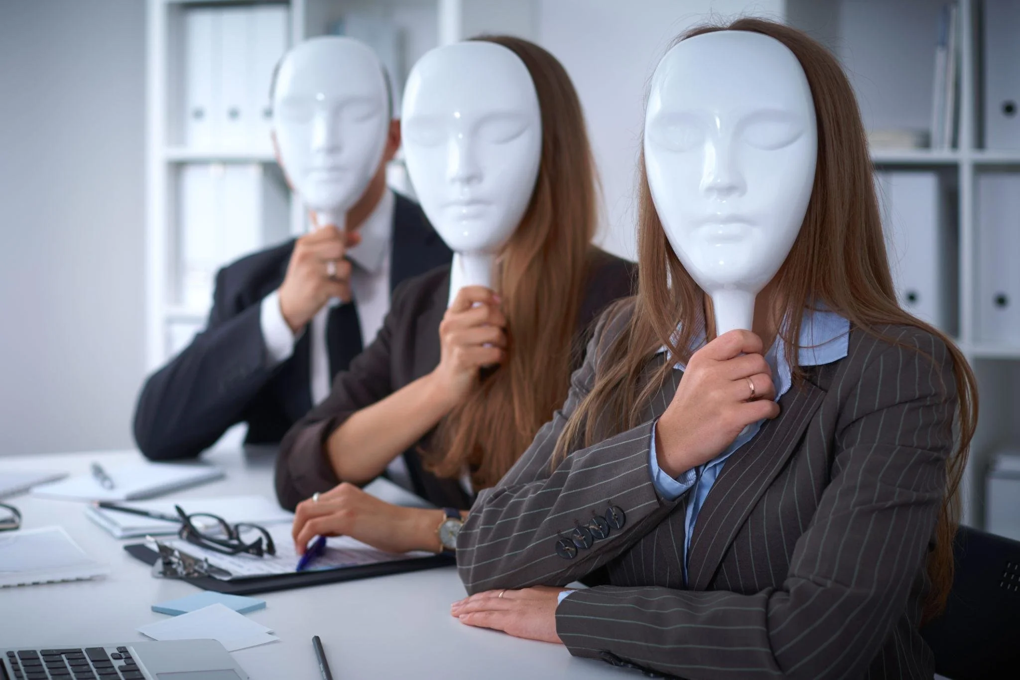 hree professionals in an office holding blank masks in front of their faces, symbolizing hidden identity and emotional masking at work