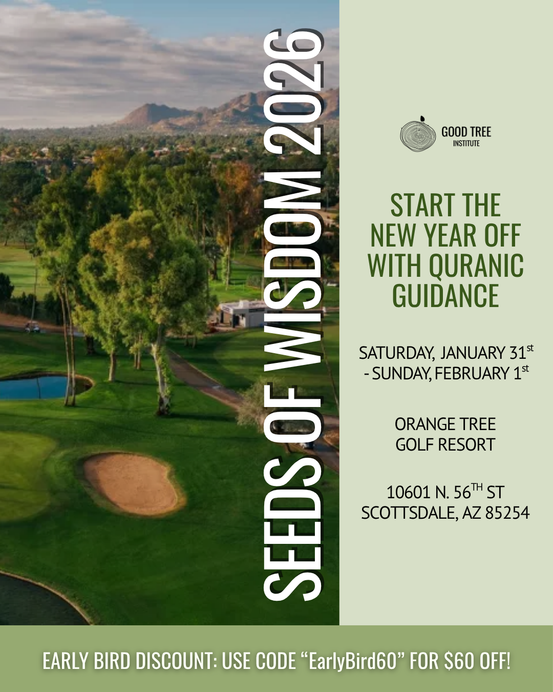 Flyer for a Quranic guidance event at Orange Tree Golf Resort, Scottsdale, AZ, from January 31 to February 1, 2026, featuring a golf course with trees, mountains in the background, and a message about starting the new year with Quranic guidance.