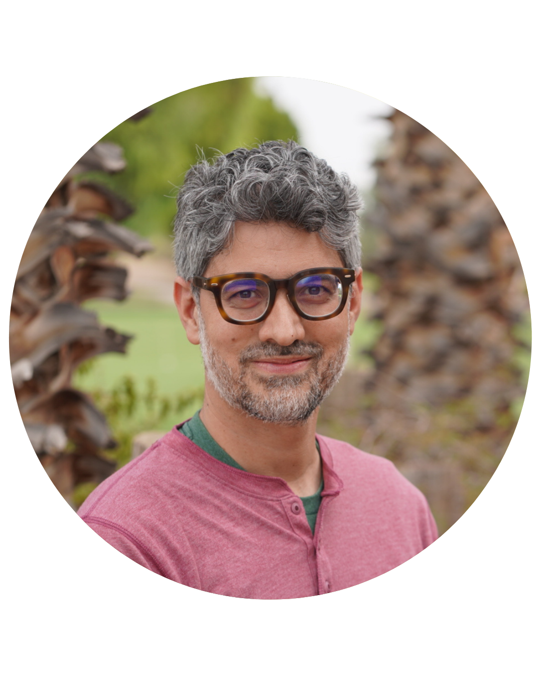 A man with gray curly hair, beard, and glasses smiling outdoors near palm trees.