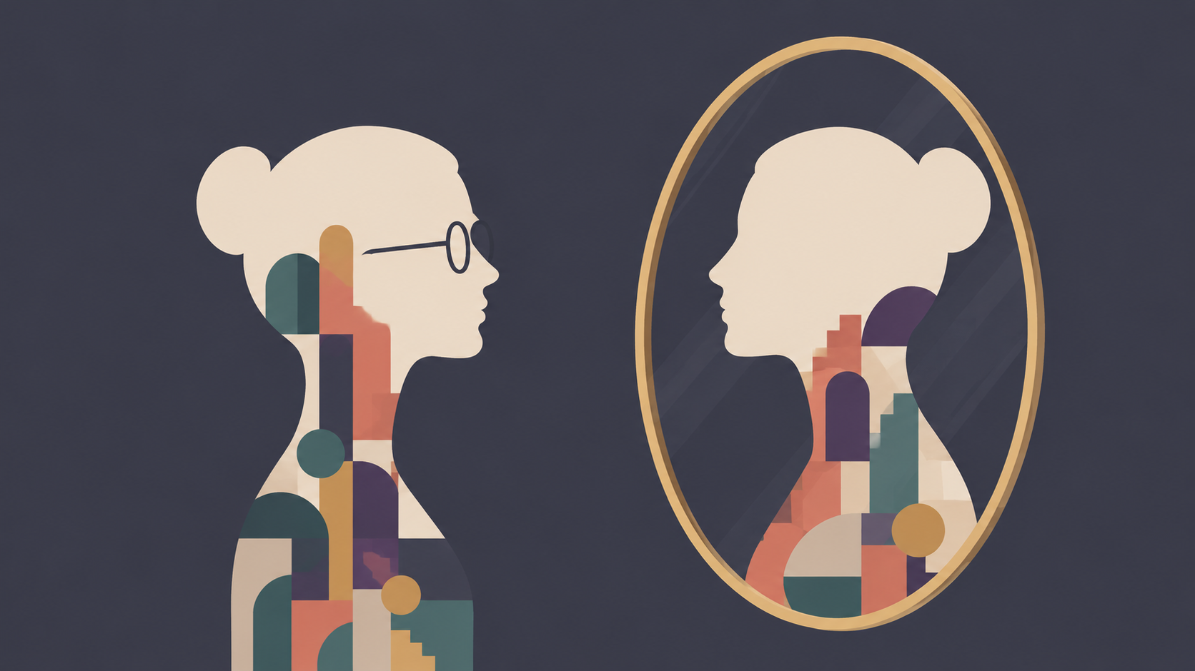 Minimalist illustration of a professional woman wearing glasses looking at her reflection in a mirror, with both silhouettes filled with abstract geometric shapes, symbolizing the search for identity and self-worth beyond career achievements & titles